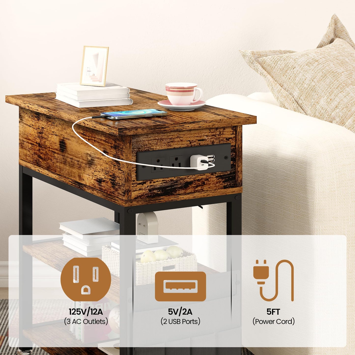 AWQM  Side table with charging column 2 PCS Flip-top side table