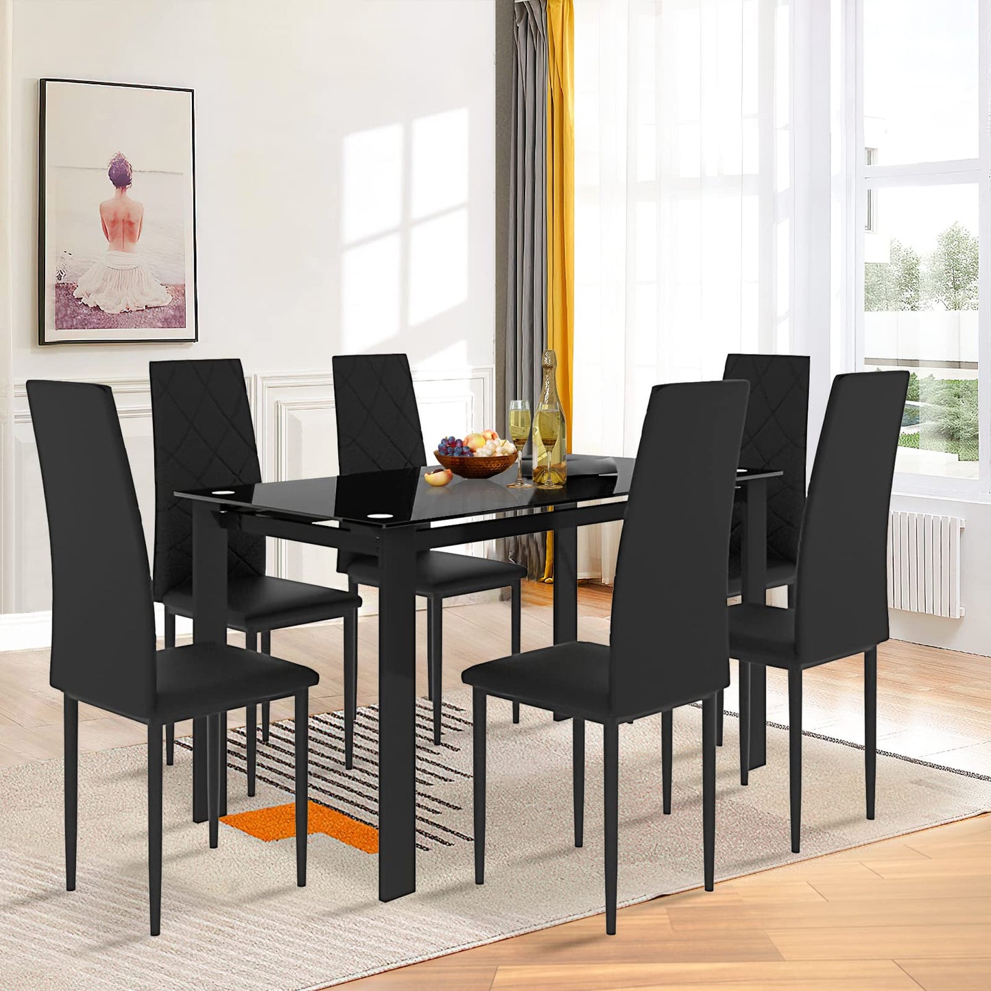 AWQM Tempered Glass Kitchen Dining Table 7 Piece Set 6 Dining Table
