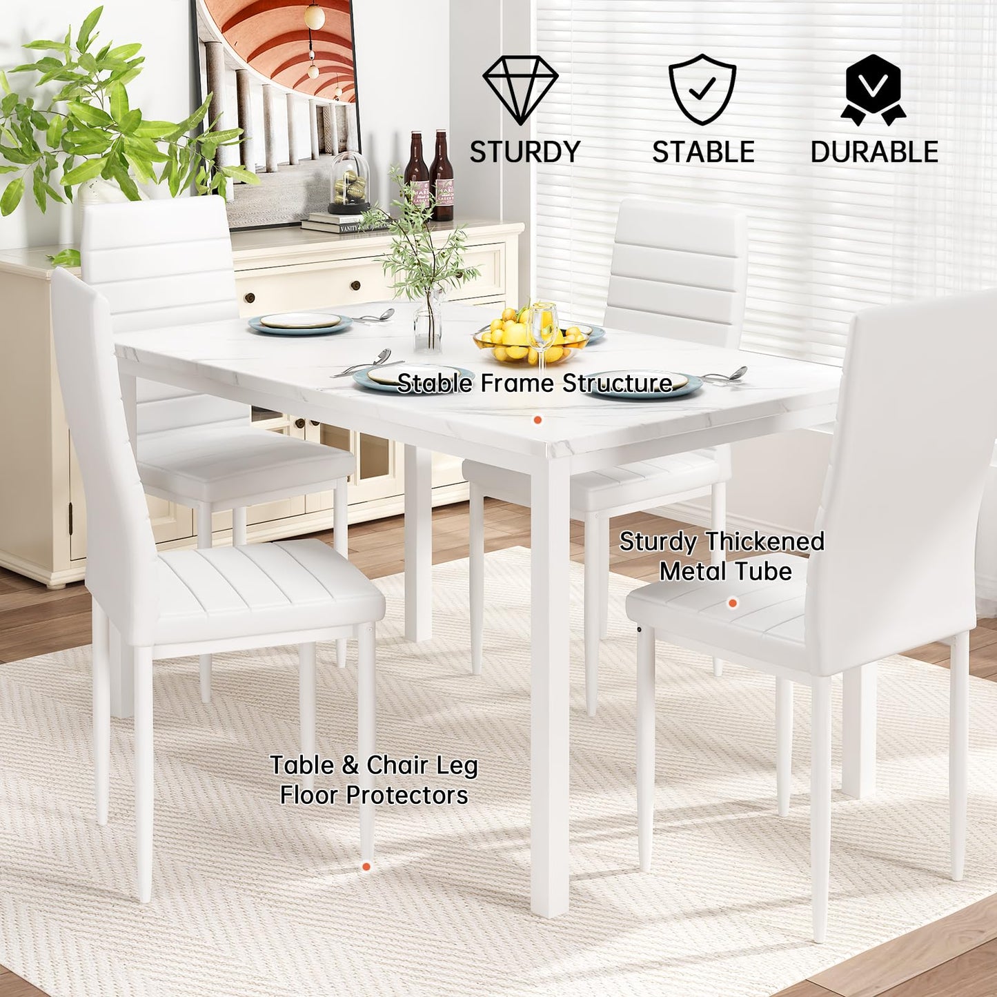 AWQM 5 Piece Set, Faux Marble 4 Person Dining Table and Chairs