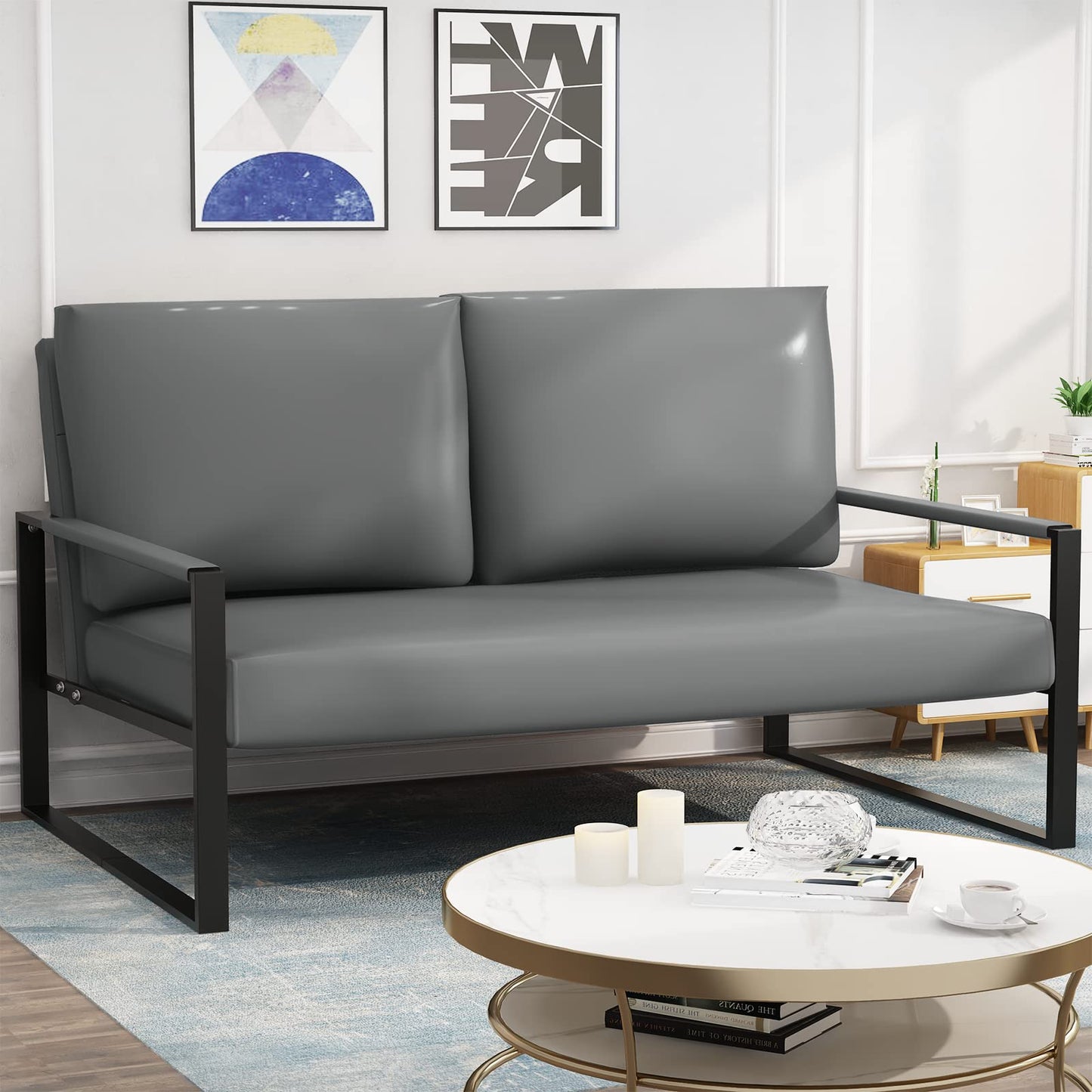AWQM Mid-Century Modern Sectional Sofa, Upholstered Faux Leather Loveseat