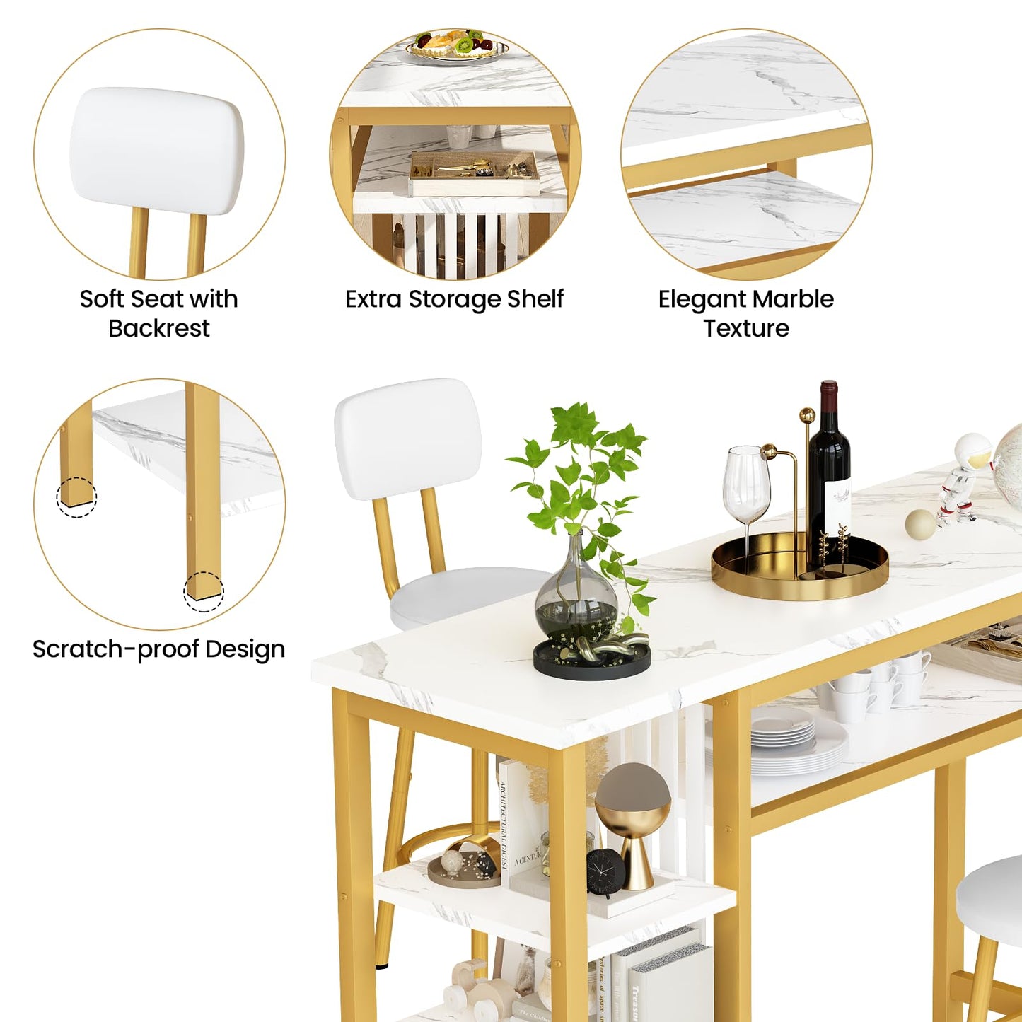 AWQM Marble 3 Piece Bar Table and Chairs Set, 2 PU Cushion Bar Stools