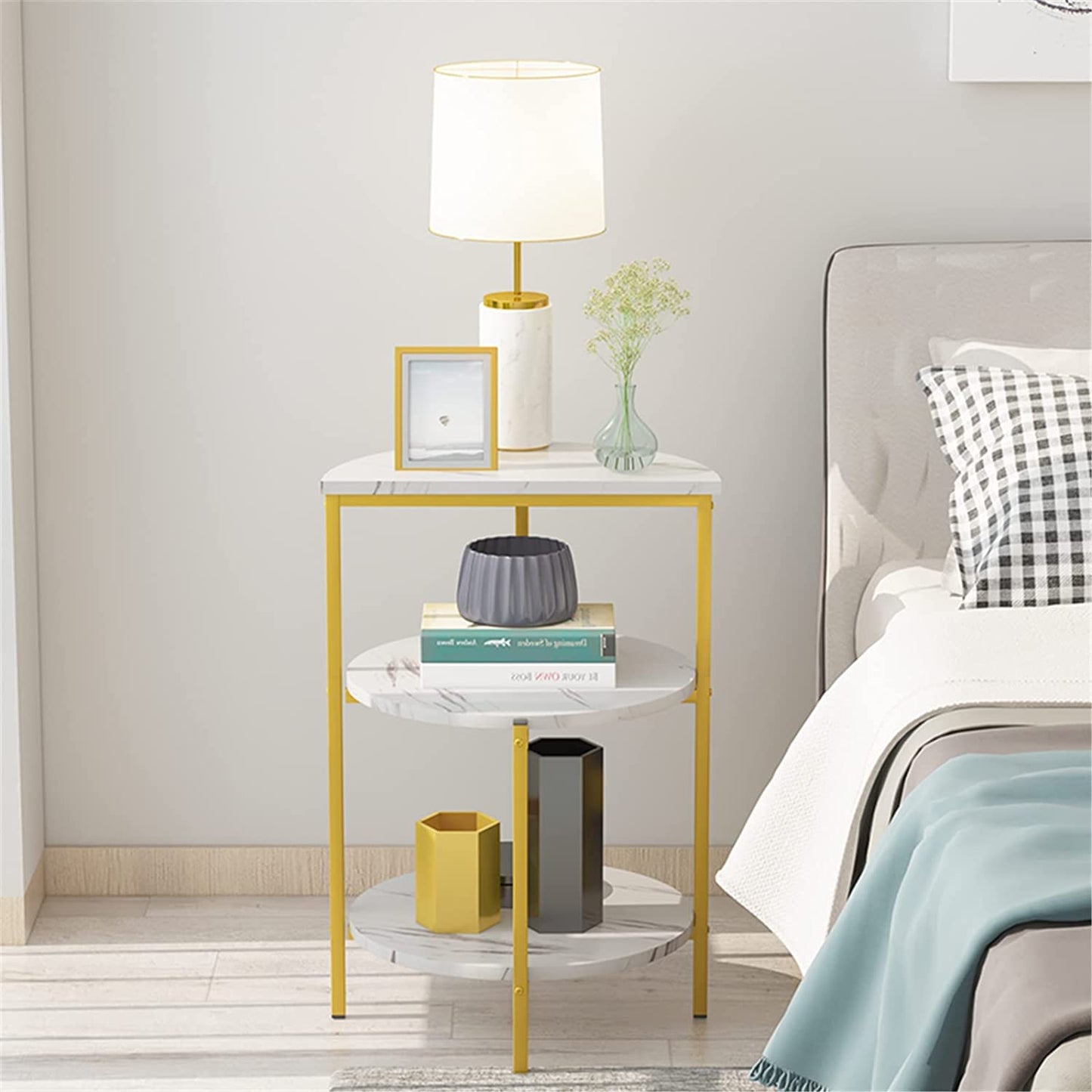 AWQM White and gold side table, 3-tier faux marble side table, small round coffee table with metal frame