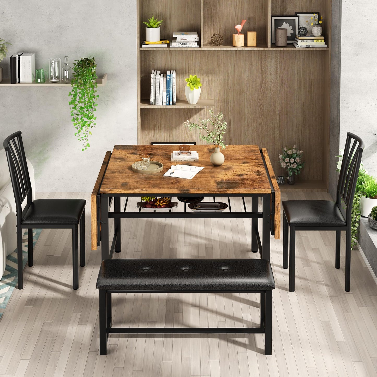 AWQM Industrial Wood 4-Piece Faux Wood Folding Leaf Dining Table Set with Storage Rack