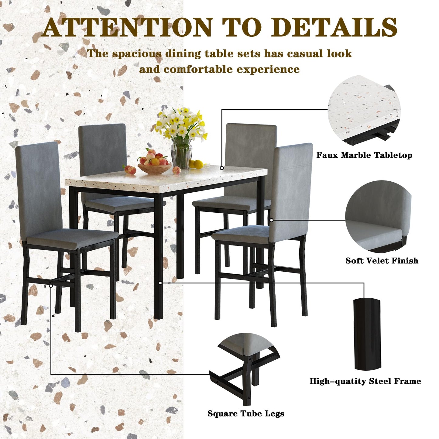 AWQM Modern Style Faux Marble Velvet Chairs Dining Table for 4