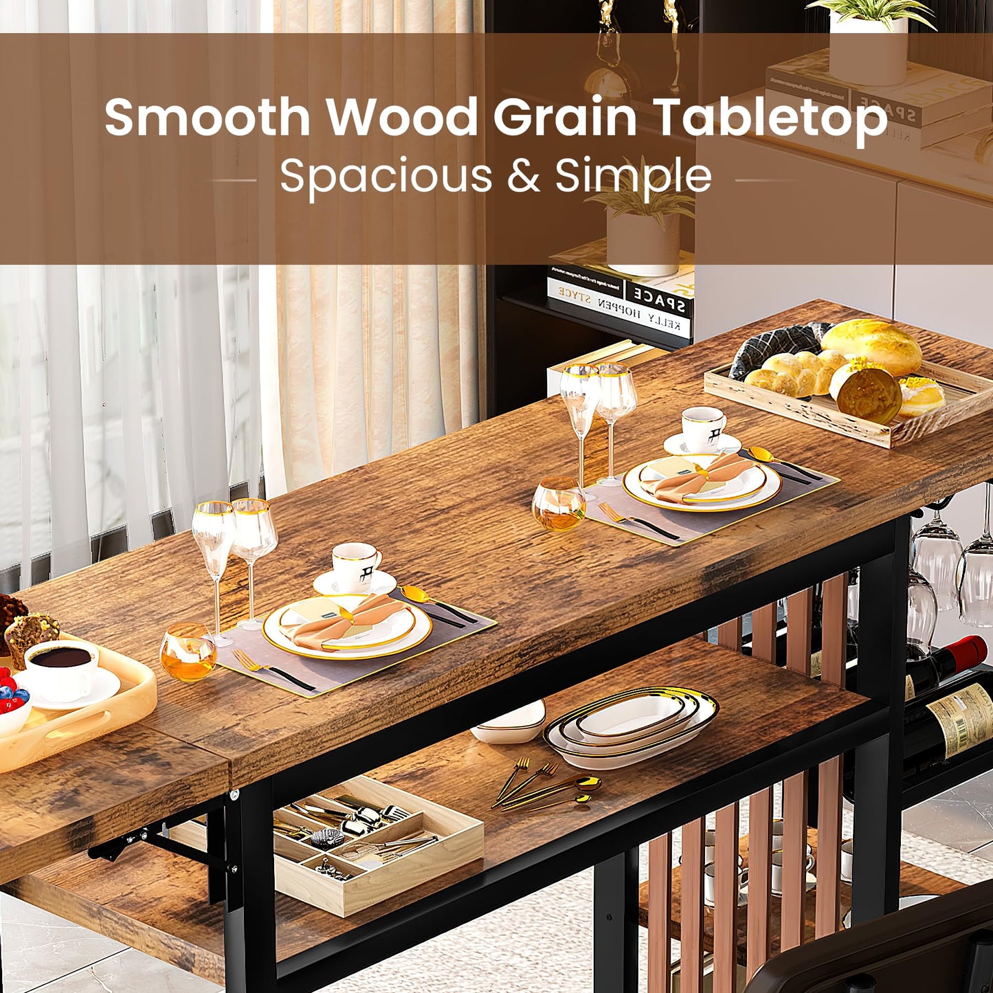AWQM industrial wood bar table and chairs set, dining table for 2