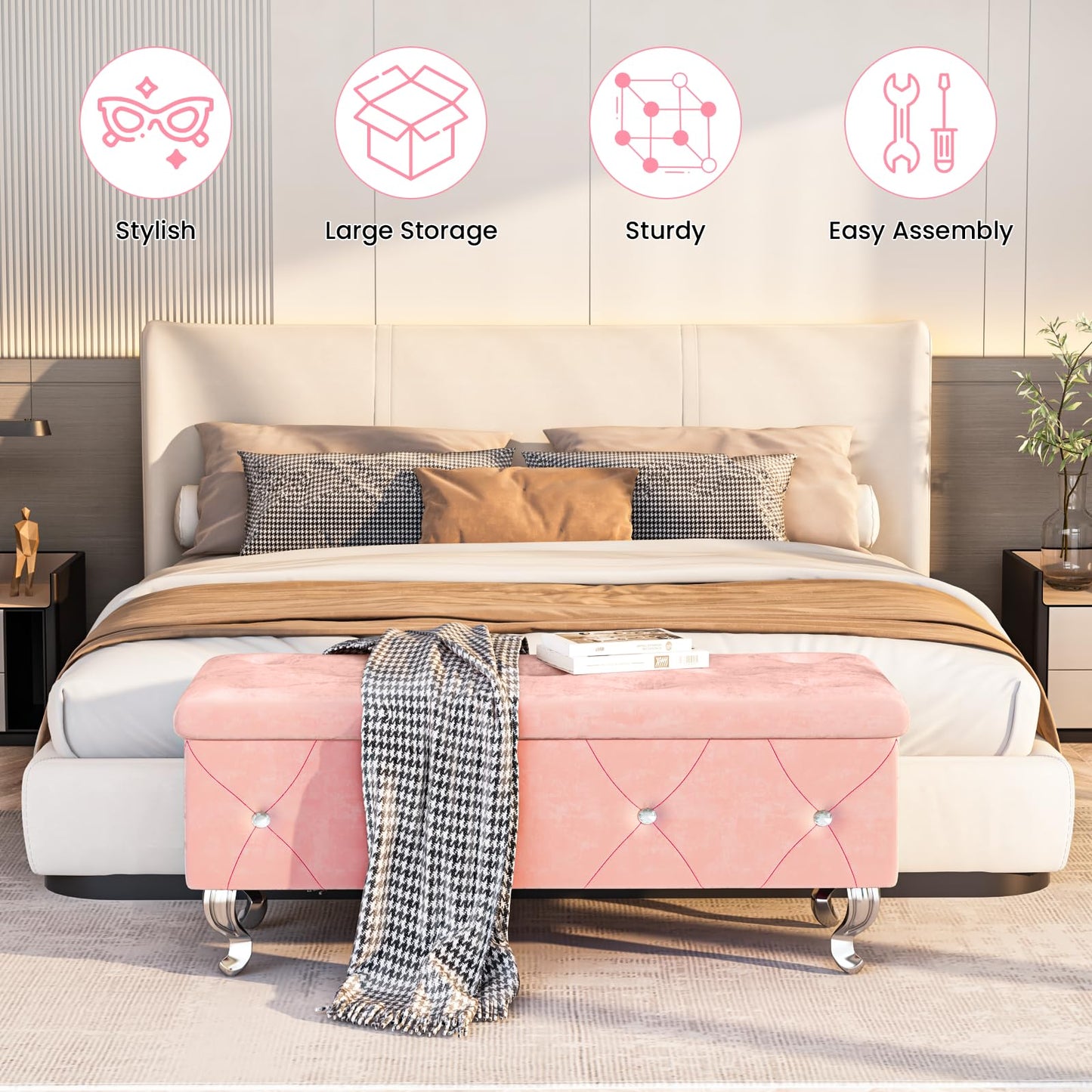 AWQM Upholstered Storage Bench, Safety Hinged Tufted Bed Bench
