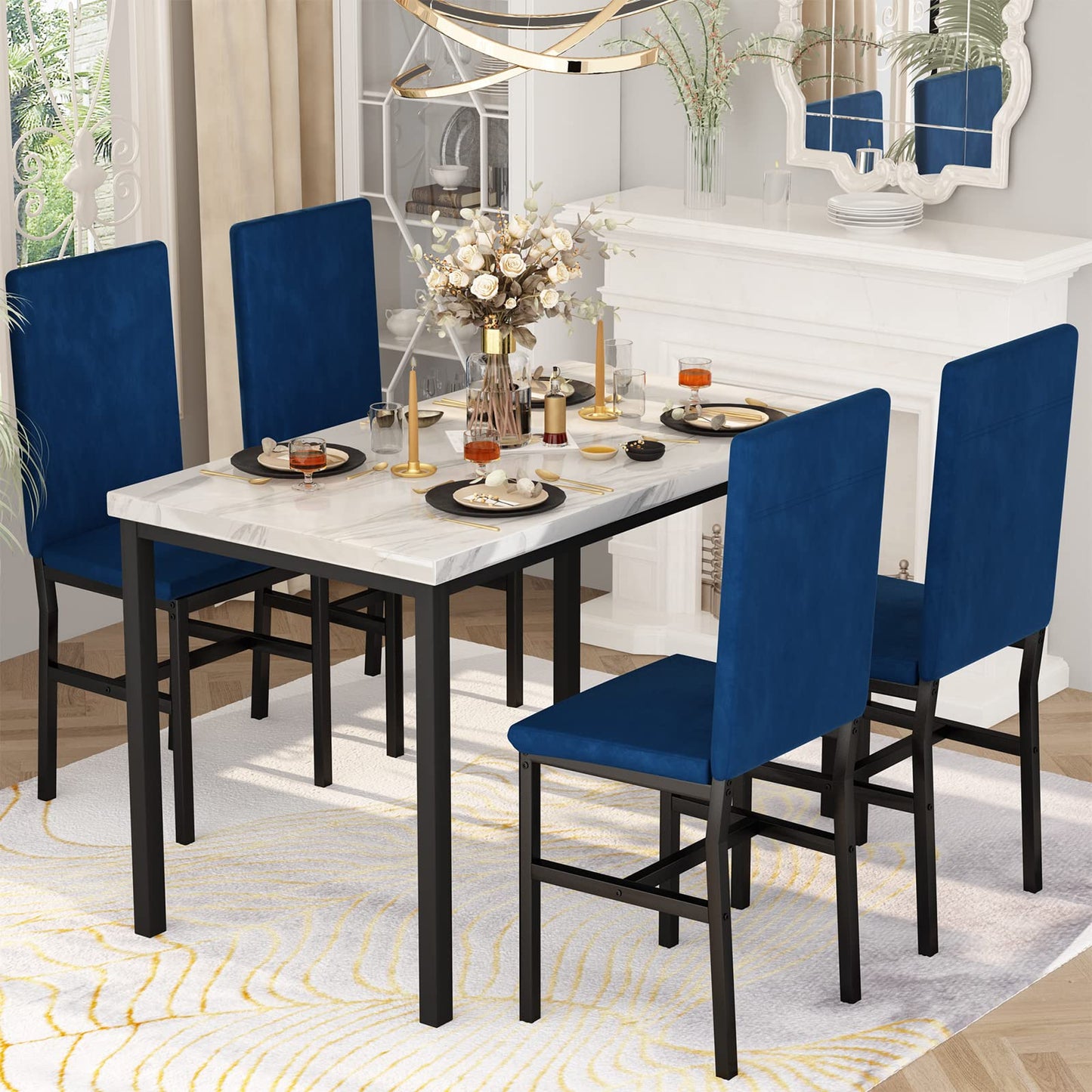 AWQM Modern Style Faux Marble Velvet Chairs Dining Table for 4