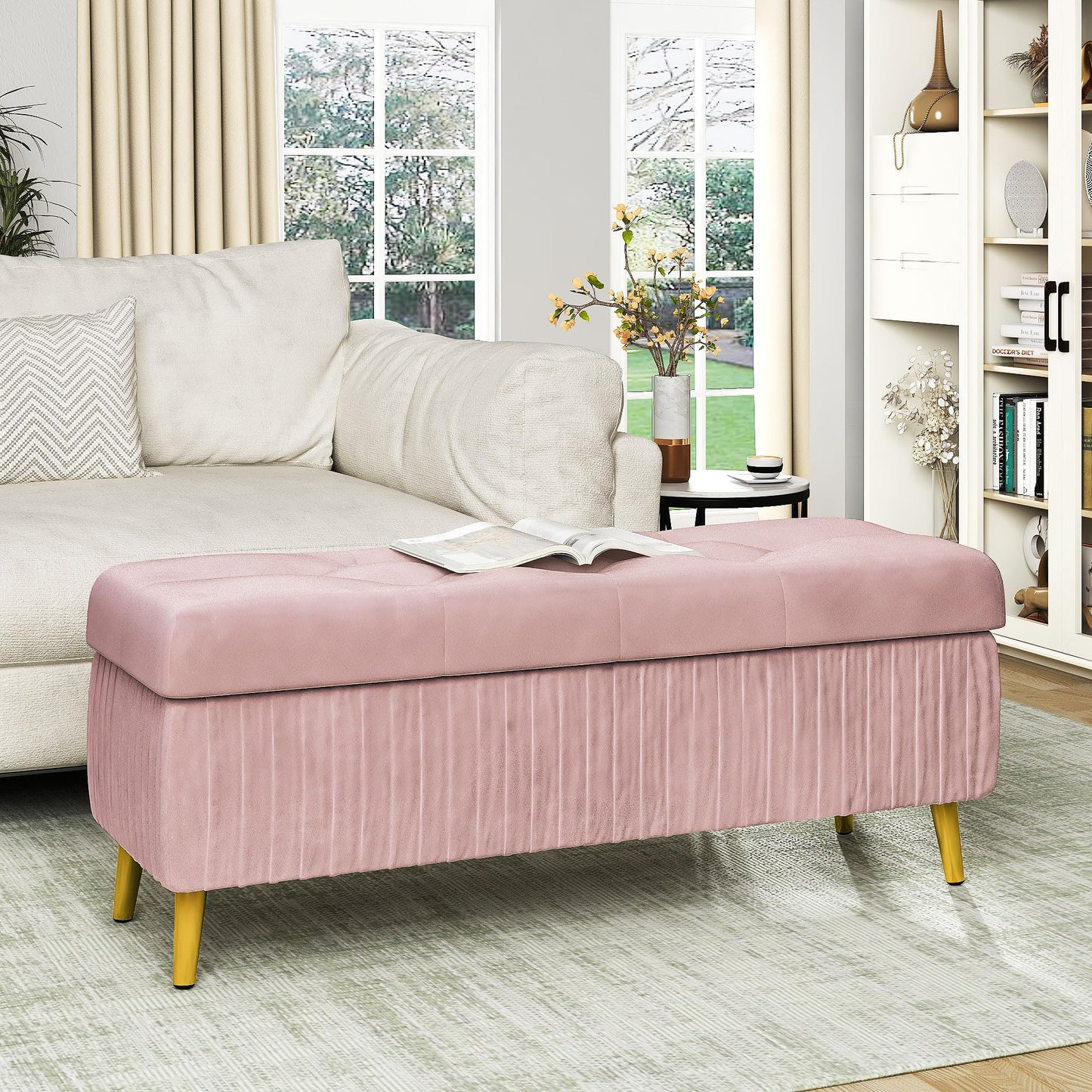 AWQM Tufted Storage Ottoman, Velvet Upholstered Storage Ottoman