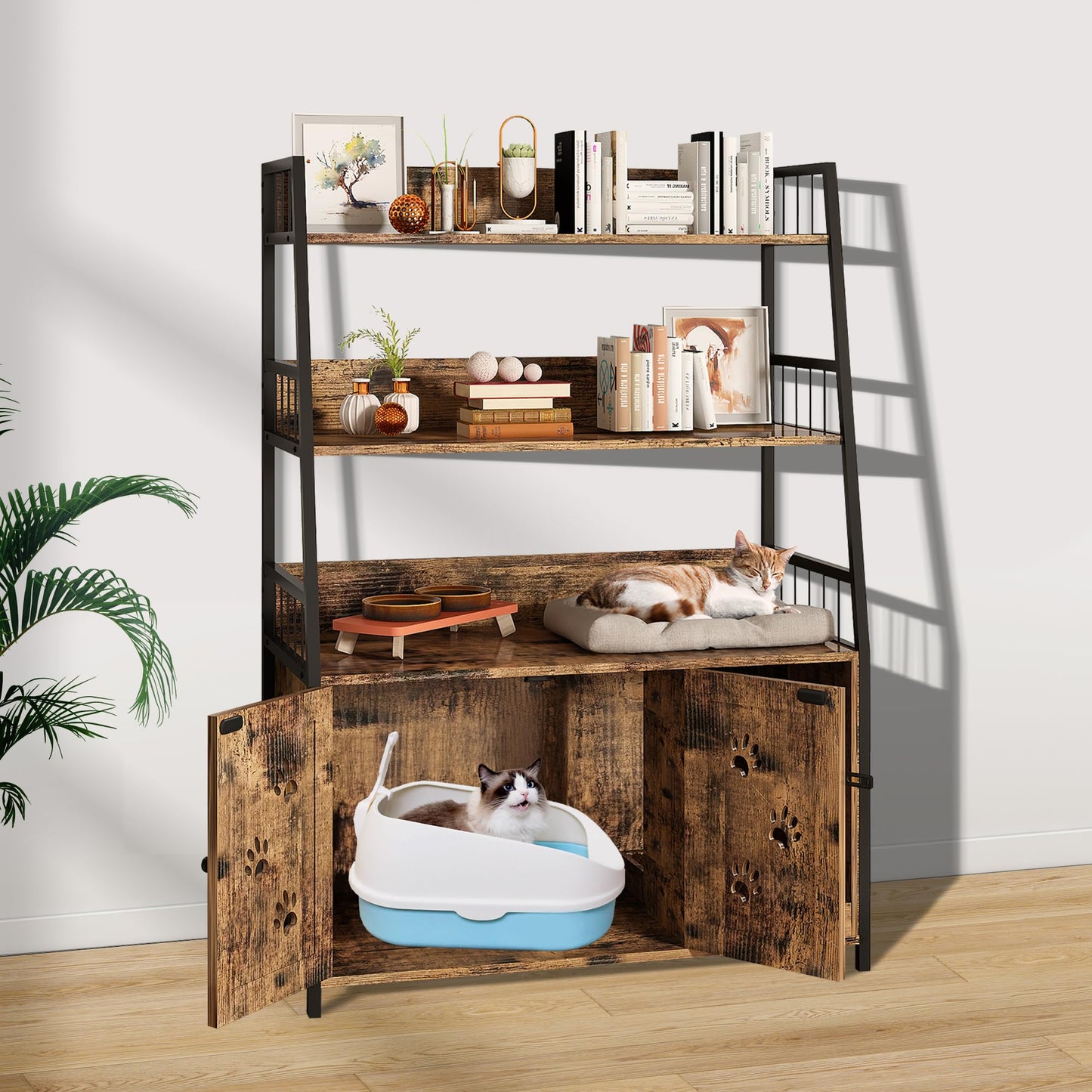 AWQM Large Wooden Cat Litter Box with Hooks and Anti-Scratch Hooks