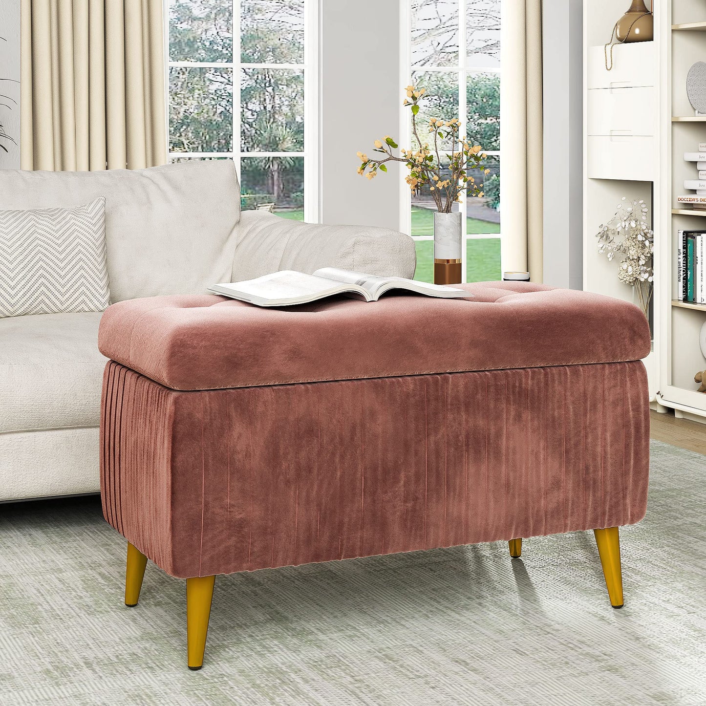 AWQM Tufted Storage Ottoman, Velvet Upholstered Storage Ottoman
