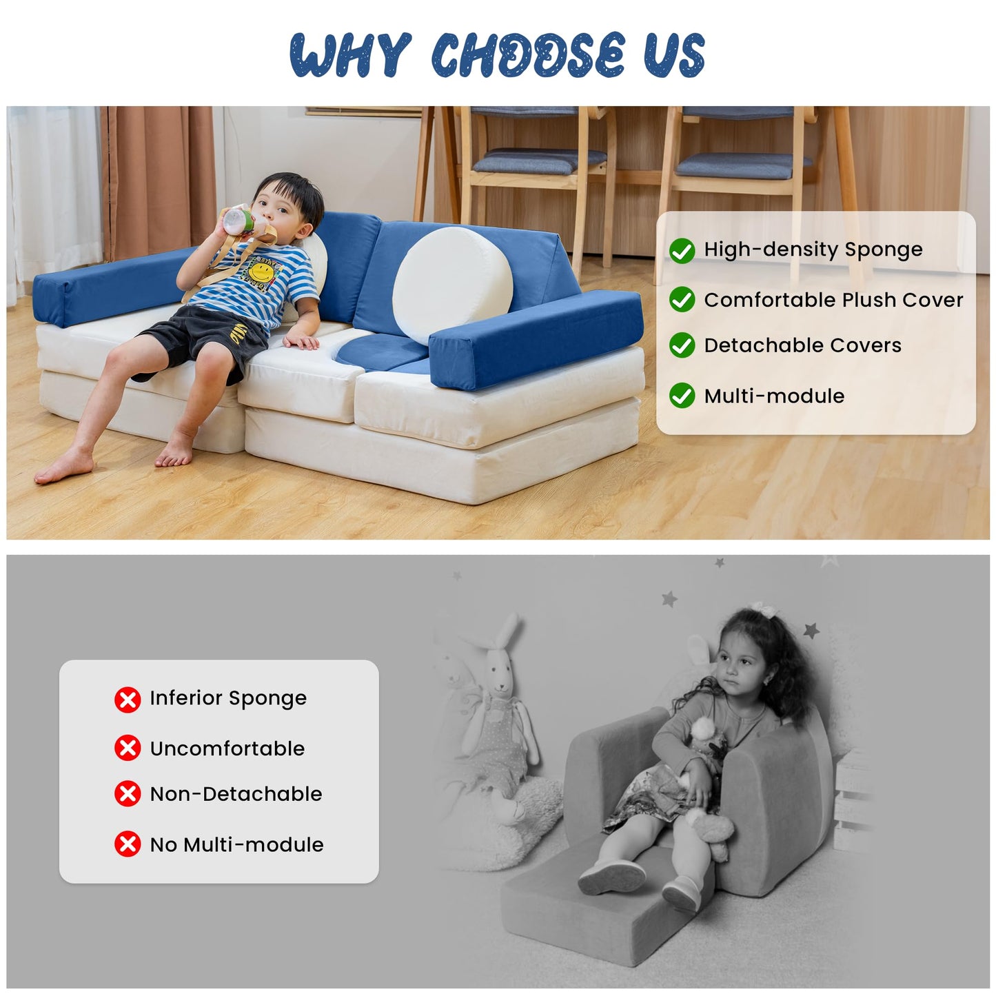 AWQM 13 Piece Modular Kids Play Sofa, Kids Sofa with Washable Velvet Cover