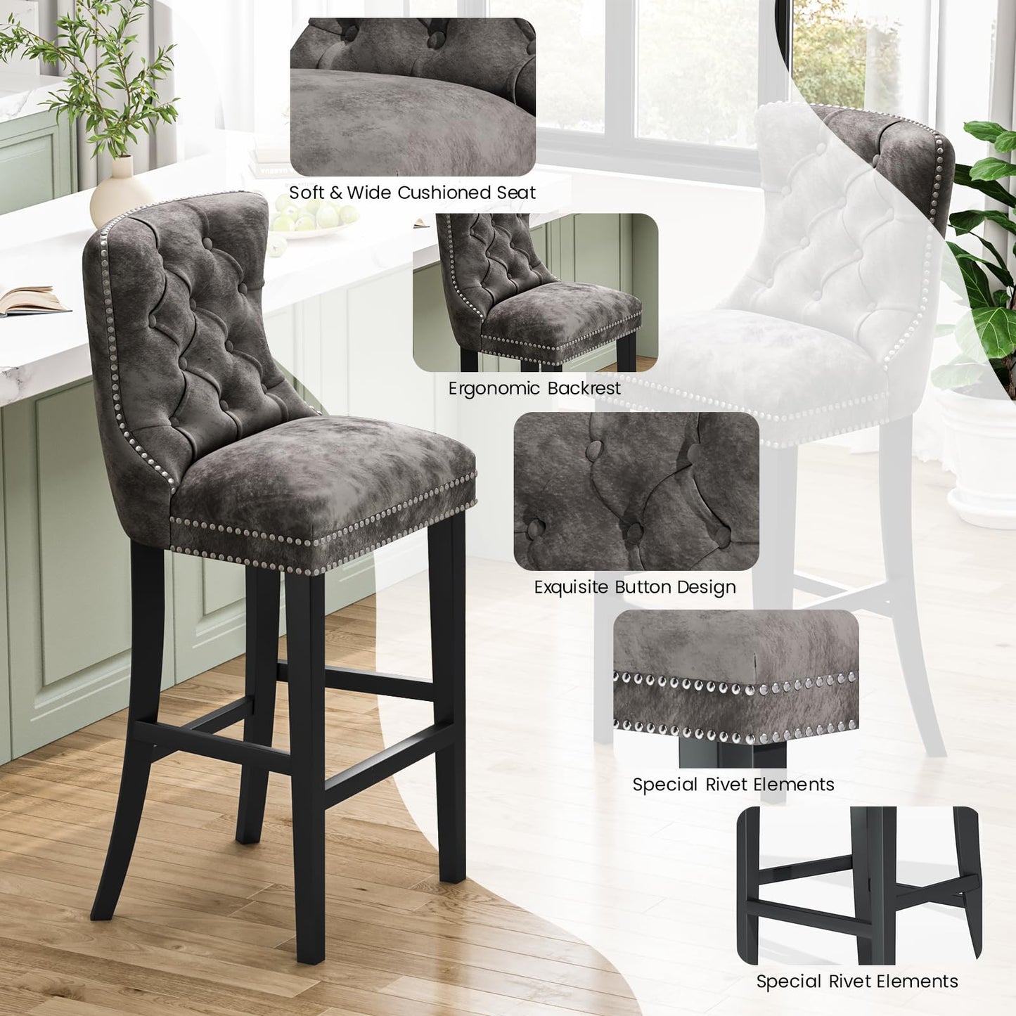 AWQM Velvet Tufted Counter Height Bar Stool Set of 4