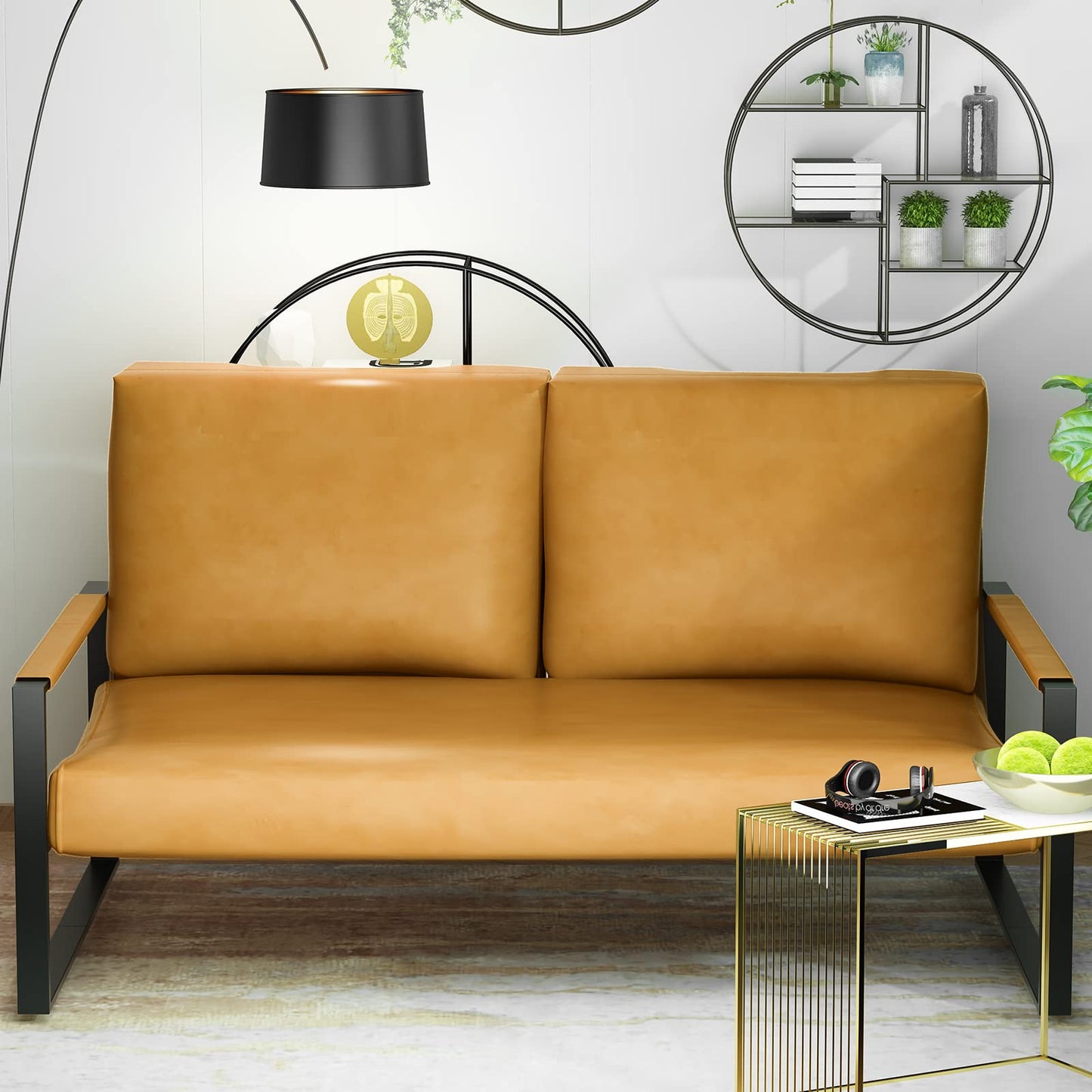 AWQM Mid-Century Modern Sectional Sofa, Upholstered Faux Leather Loveseat