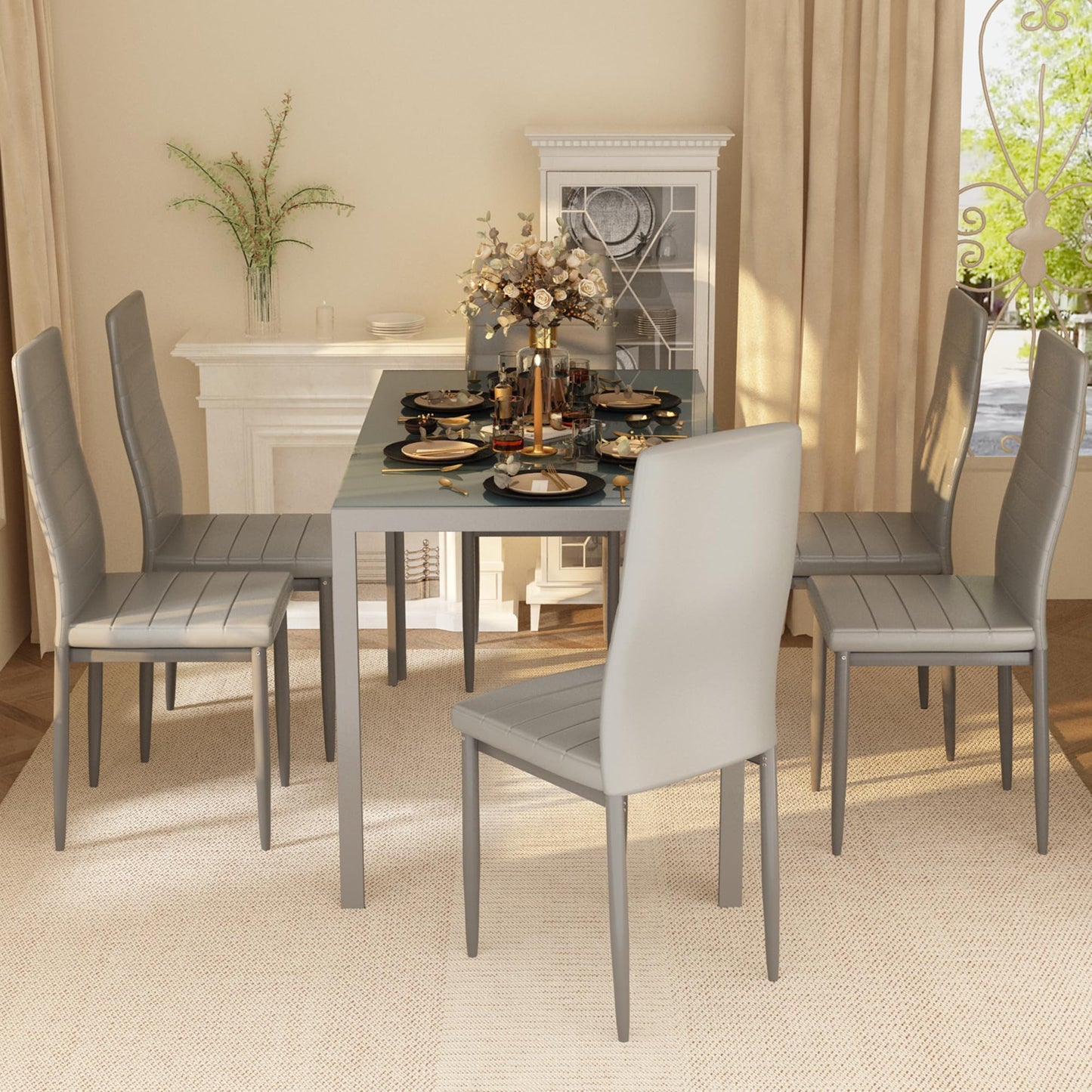 AWQM Glass Dining Table, Set of 7, Dining Table for 6