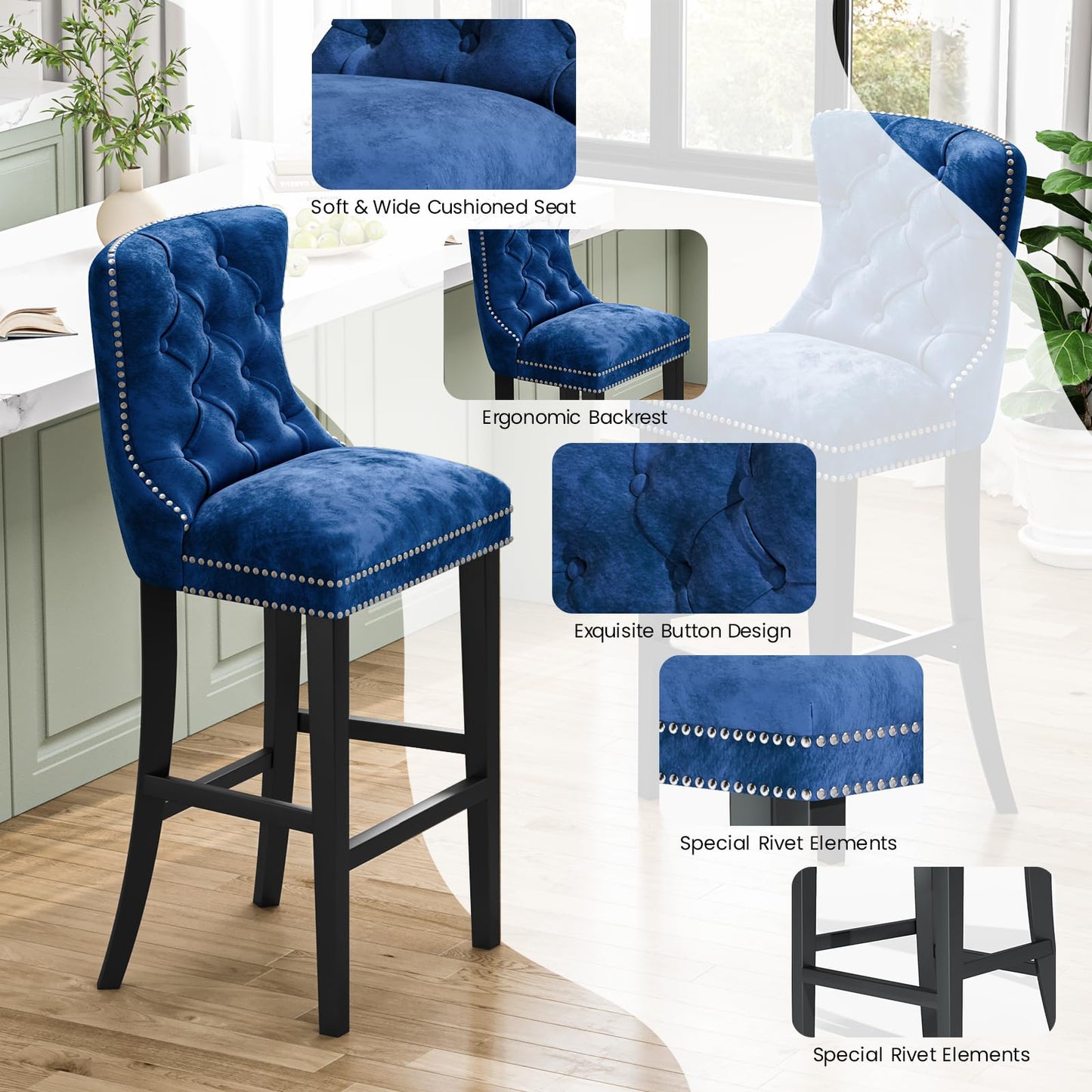 AWQM Velvet Tufted Counter Height Bar Stool Set of 4