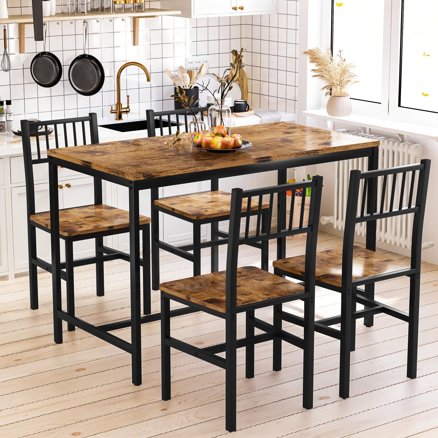 AWQM Industrial Wooden Metal Frame Dining Table and Chairs for 4 Persons