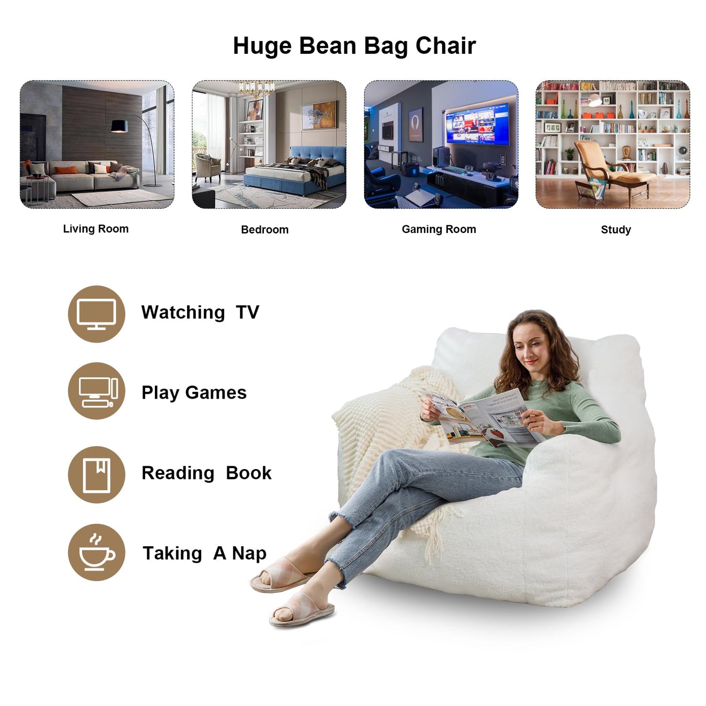 AWQM Padded Giant Bean Bag Chair, Giant Fluffy Faux Fur Bean Bag Lounger