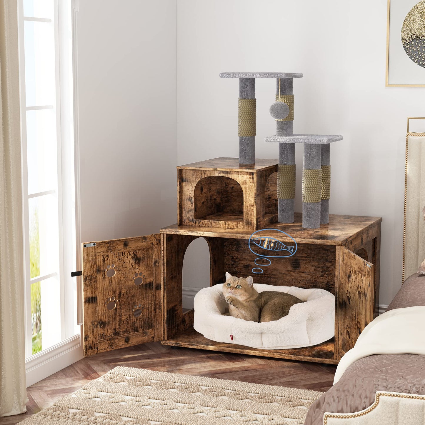 AWQM Cat Tree with Litter Box Enclosure, Bulkhead Concealed Litter Box