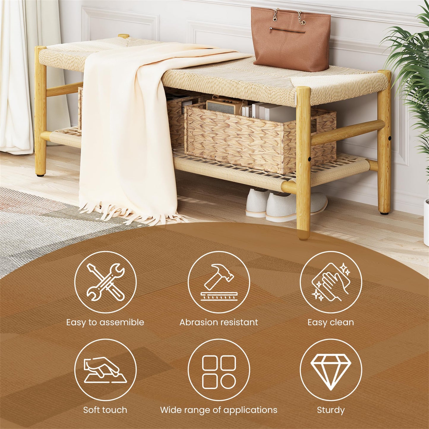 AWQM Entryway Storage Bench with Net Shelf and 2 Baskets