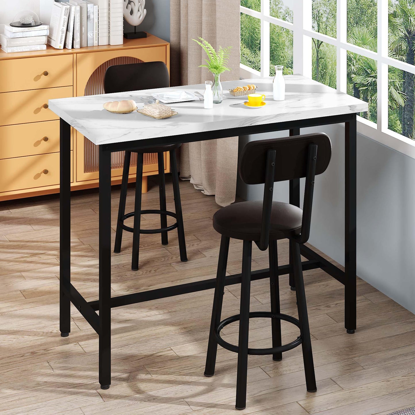 AWQM, 47-Inch Rectangular Kitchen Marble Table and Chair Set with PU Leather Stools