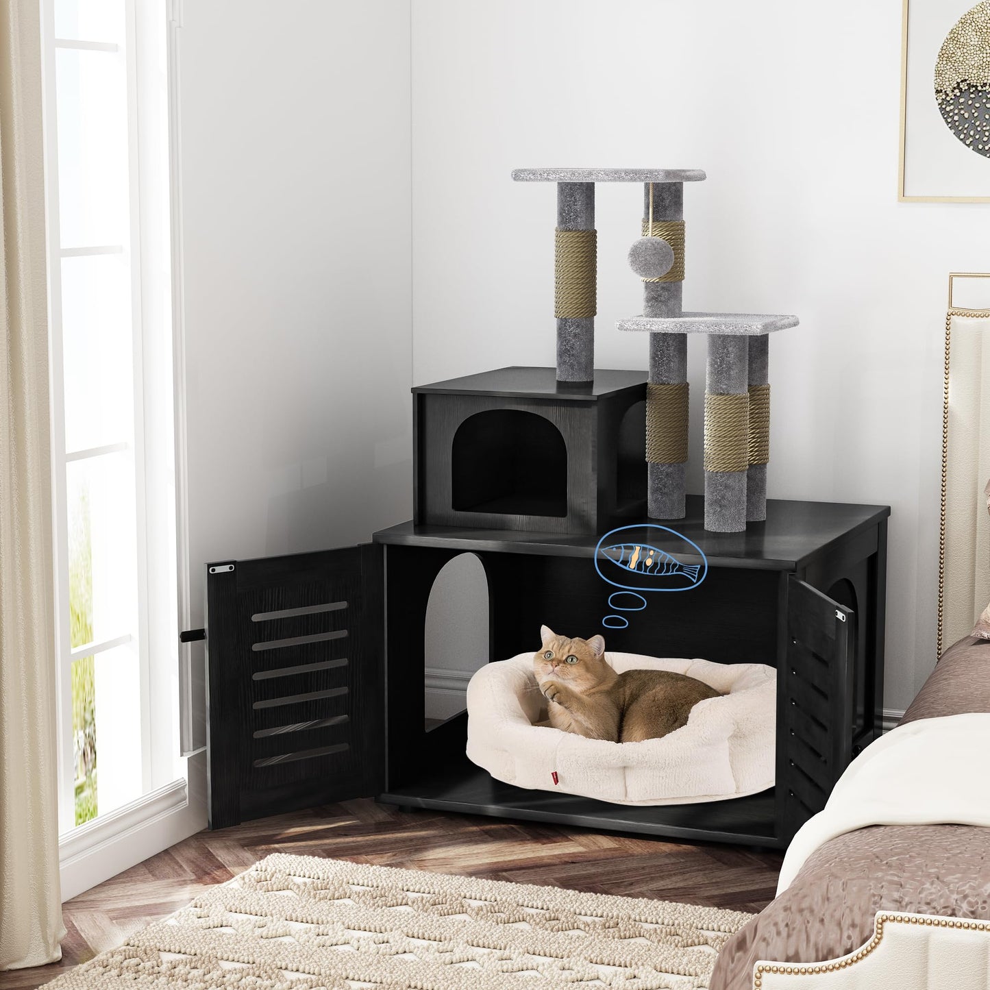 AWQM Cat Tree with Litter Box Enclosure Partition Hidden Litter Box