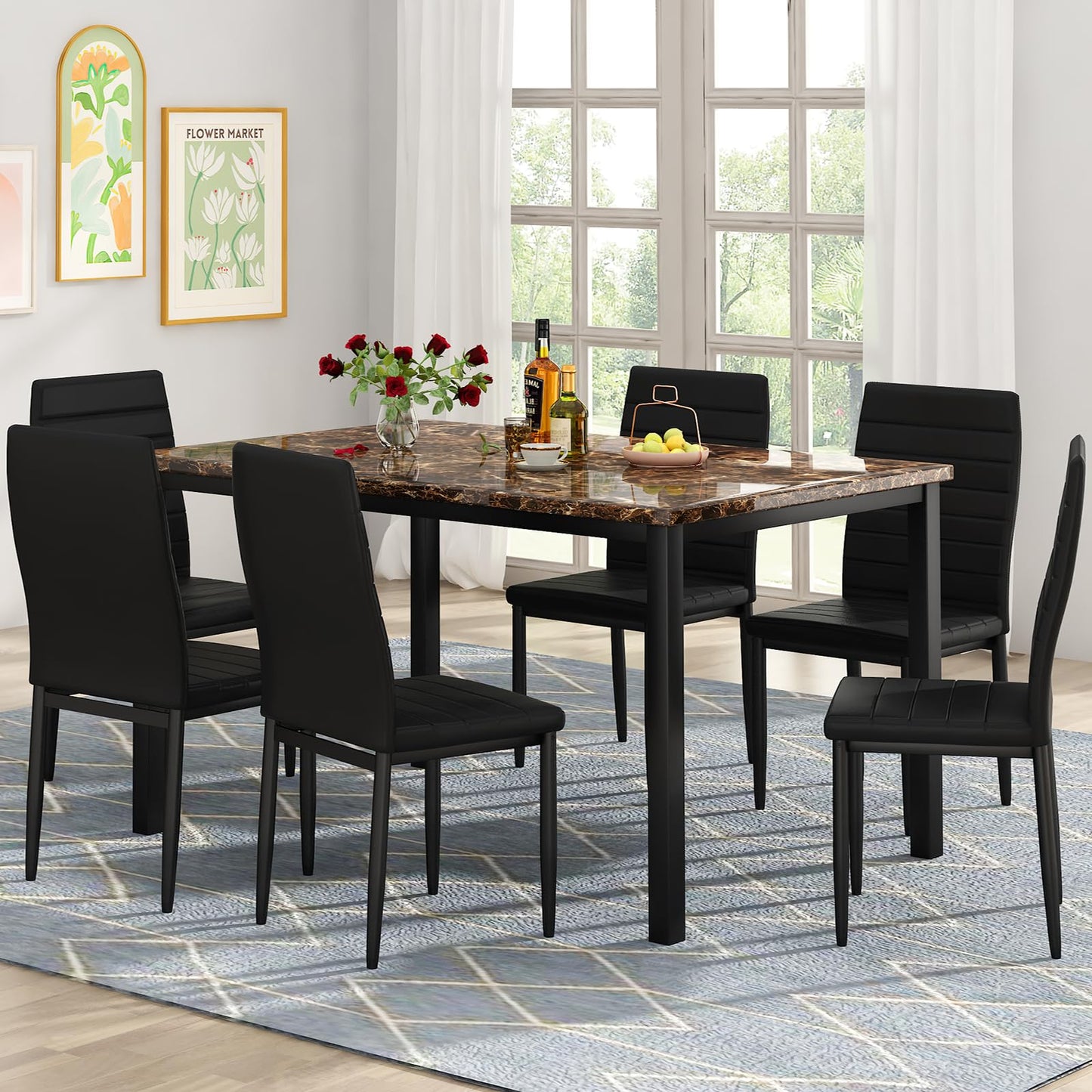 AWQM  Artificial Marble Dining Table Set 6-Person Dining Table Set