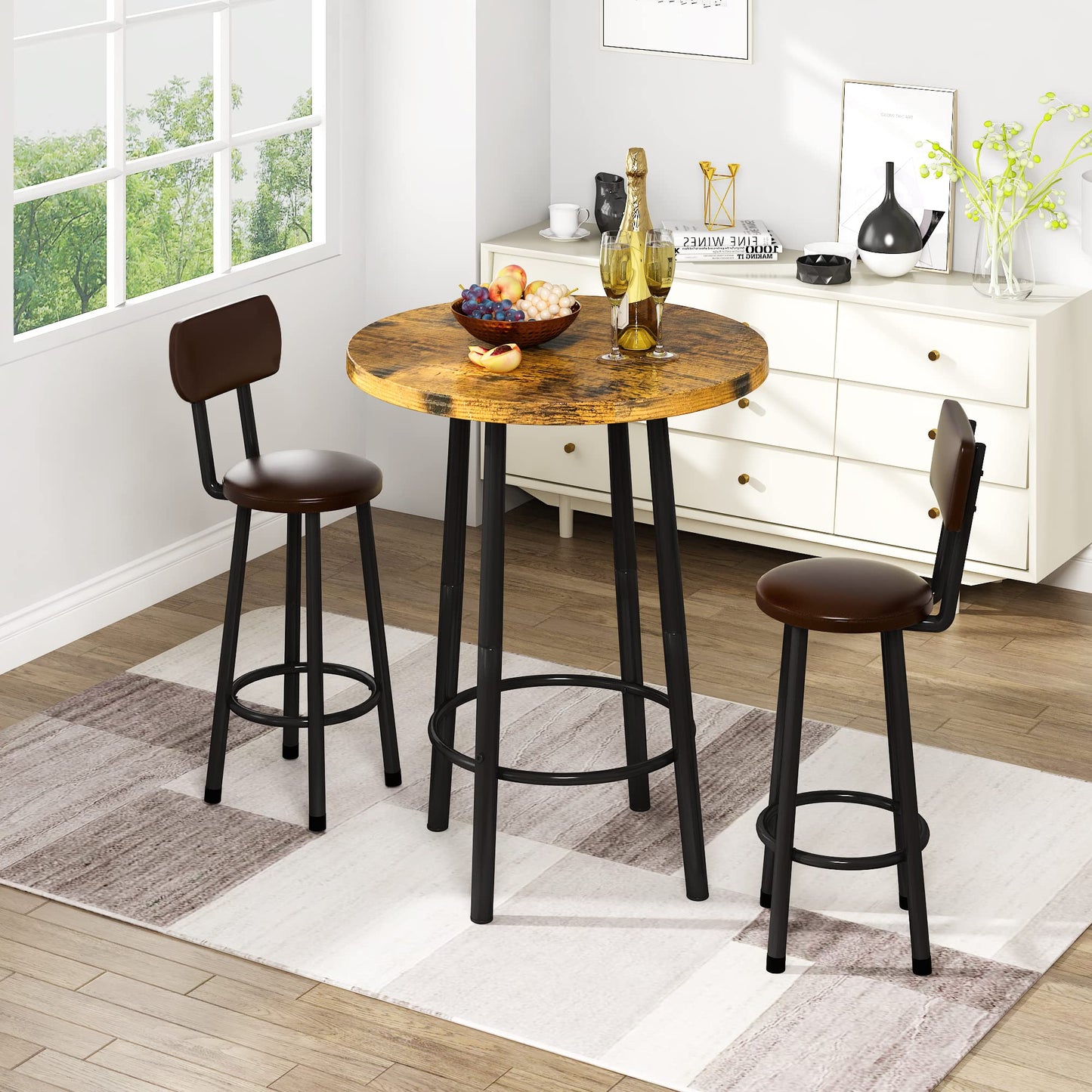 AWQM  Industrial Wooden Pub Dining Set of 3, Modern Pub Table for Two