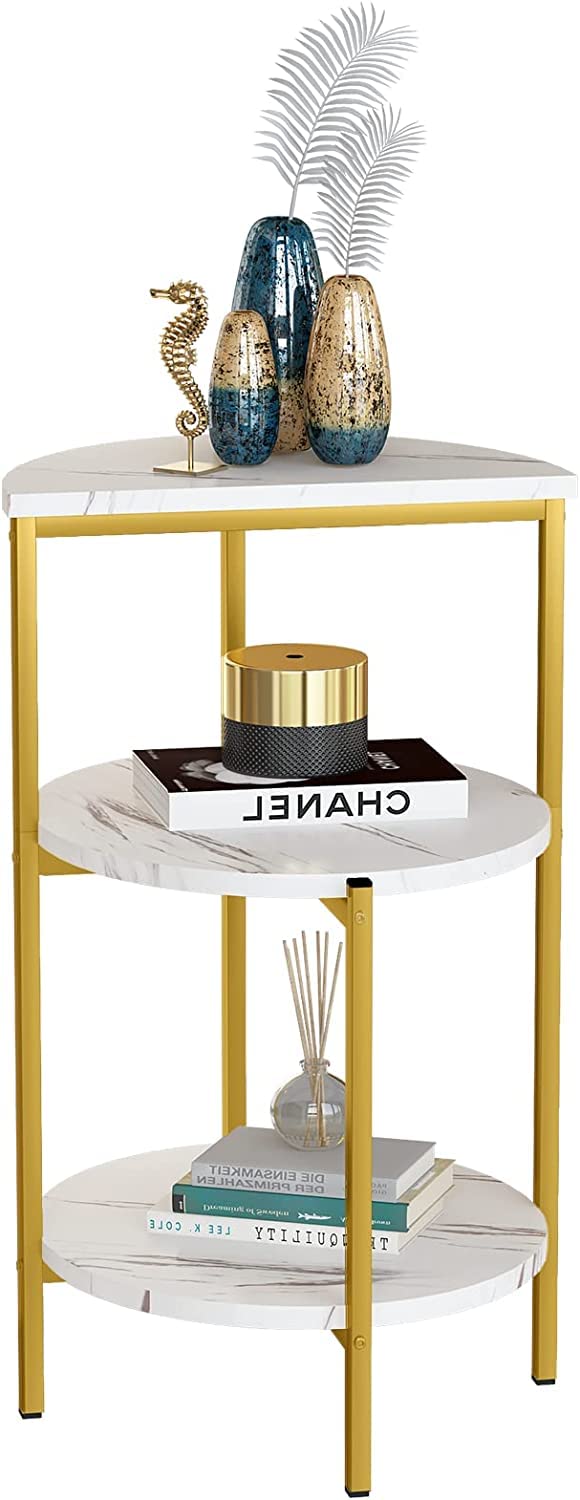AWQM White and gold side table, 3-tier faux marble side table, small round coffee table with metal frame