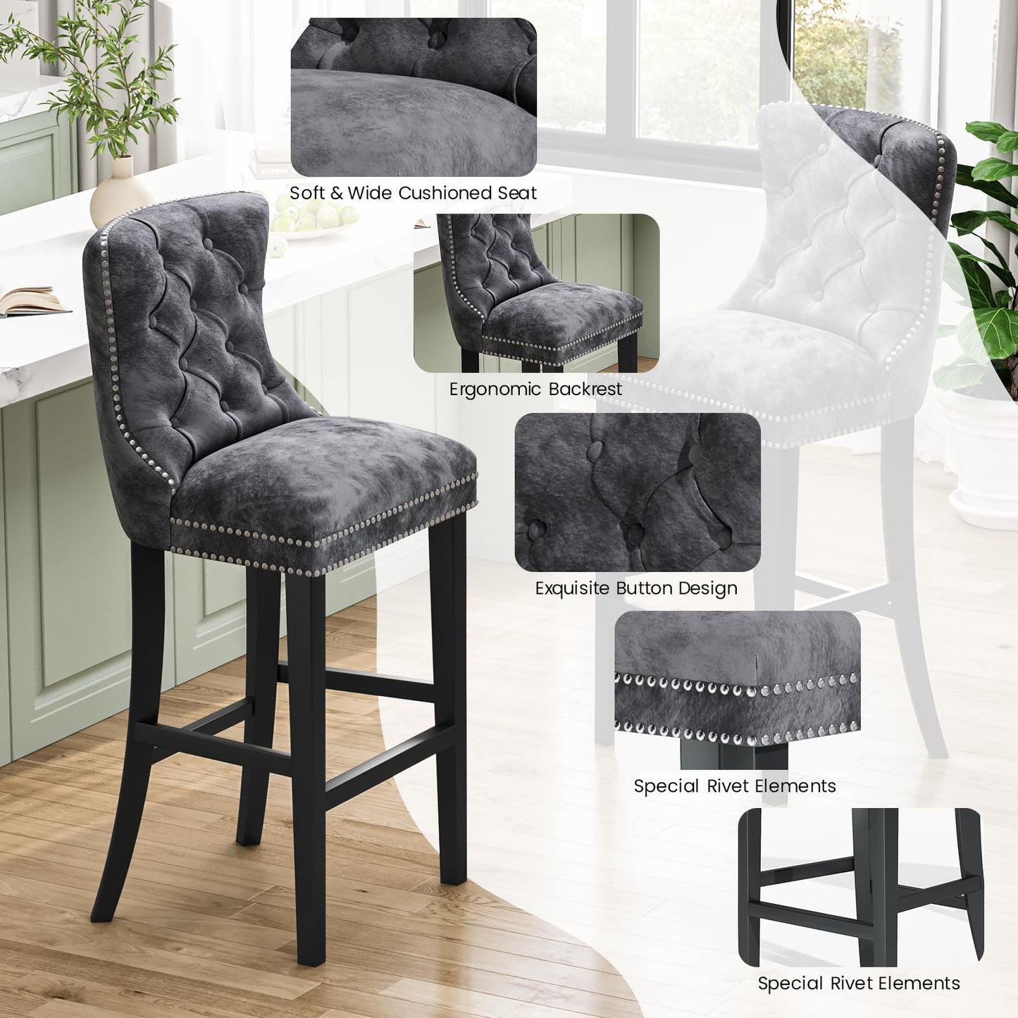 AWQM Velvet Tufted Counter Height Bar Stool Set of 4