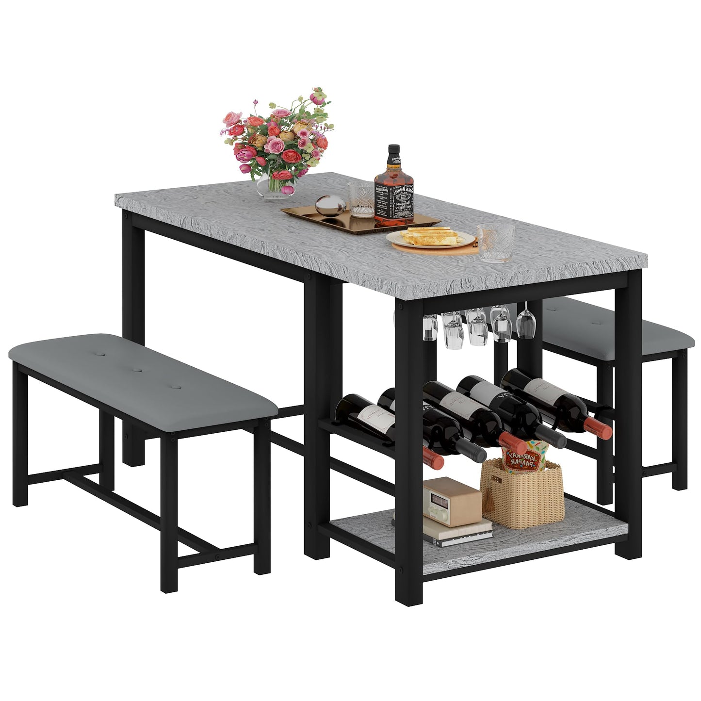 AWQM Marble Dining Table Set for 2-4 with Wine Rack, Storage Shelves