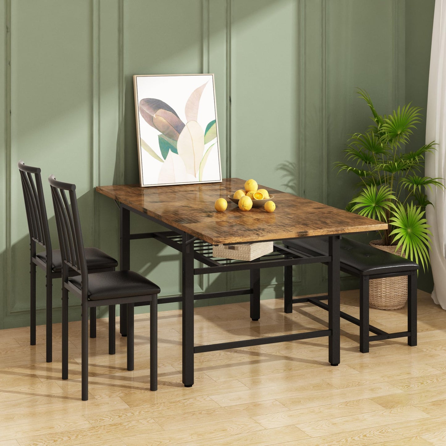 AWQM Industrial Wood 4-Piece Faux Wood Folding Leaf Dining Table Set with Storage Rack