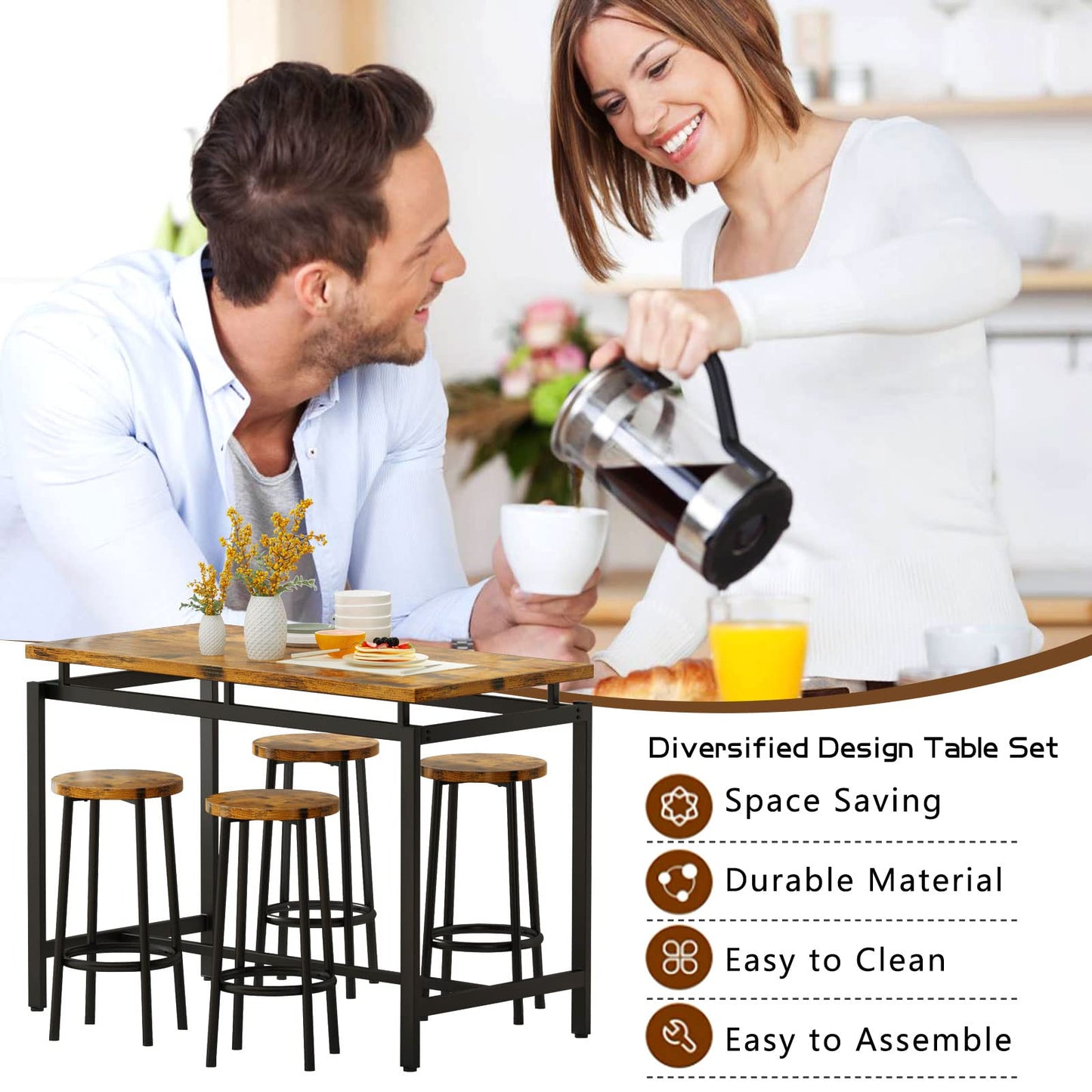 AWQM Modern Kitchen Industrial Dining Table and Chairs 4 People Dining Set