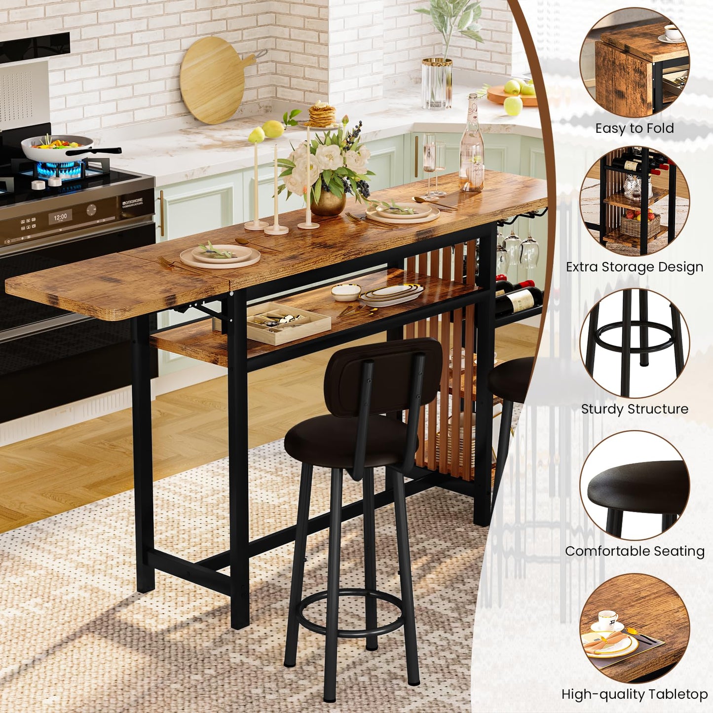 AWQM industrial wood bar table and chairs set, dining table for 2