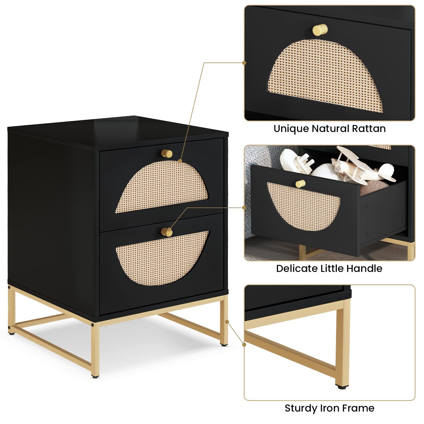 AWQM Rattan bedside table (set of 2), wooden coffee table