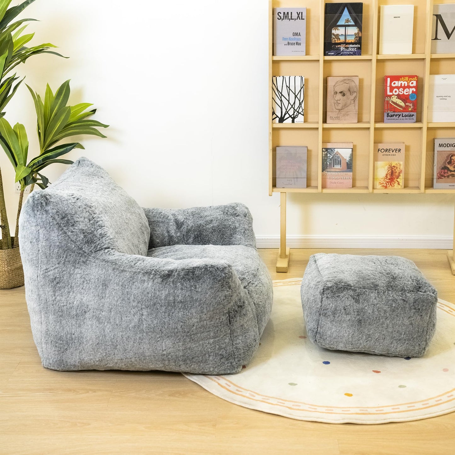 AWQM Bean Bag Chair with Footstool, Bean Bag Chair with Padded Arms