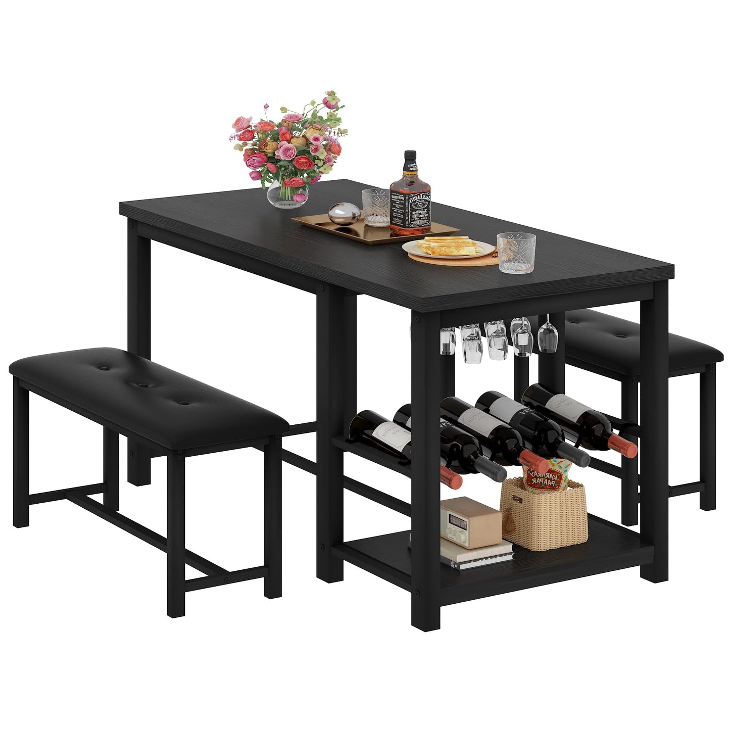 AWQM Marble Dining Table Set for 2-4 with Wine Rack, Storage Shelves