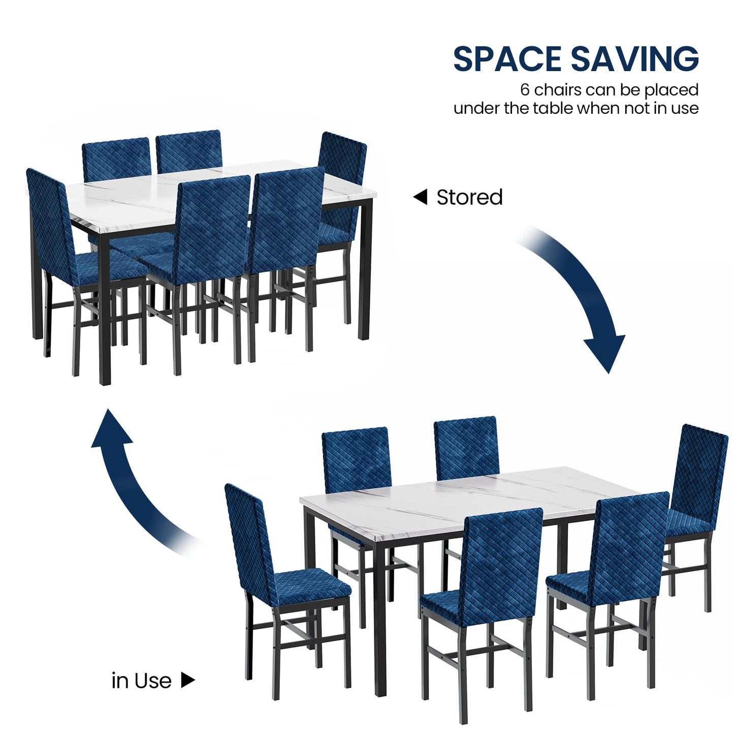 AWQM Modern Marble Kitchen Dining Table and Chairs 6 Person Dining Velvet Stools