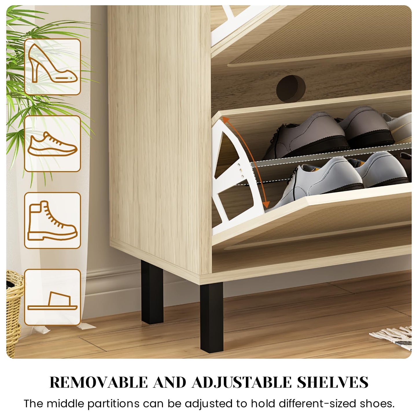 AWQM Freestanding shoe cabinet with 3 rattan flip-up drawers