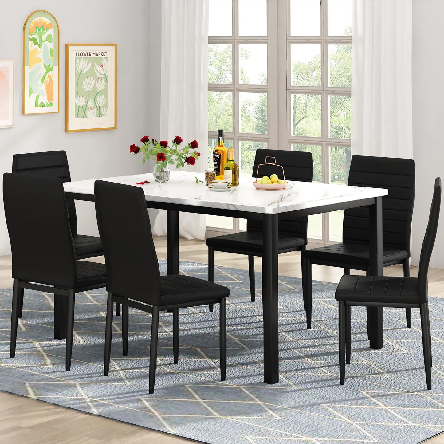 AWQM  Artificial Marble Dining Table Set 6-Person Dining Table Set