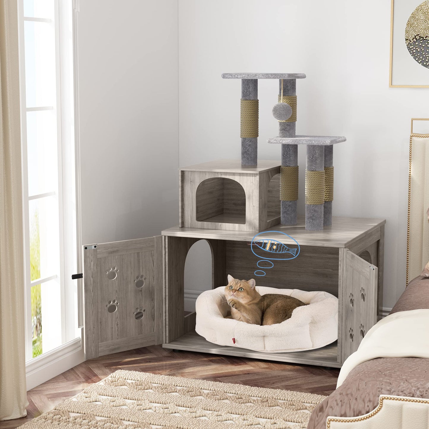 AWQM Cat Tree with Litter Box Enclosure, Bulkhead Concealed Litter Box
