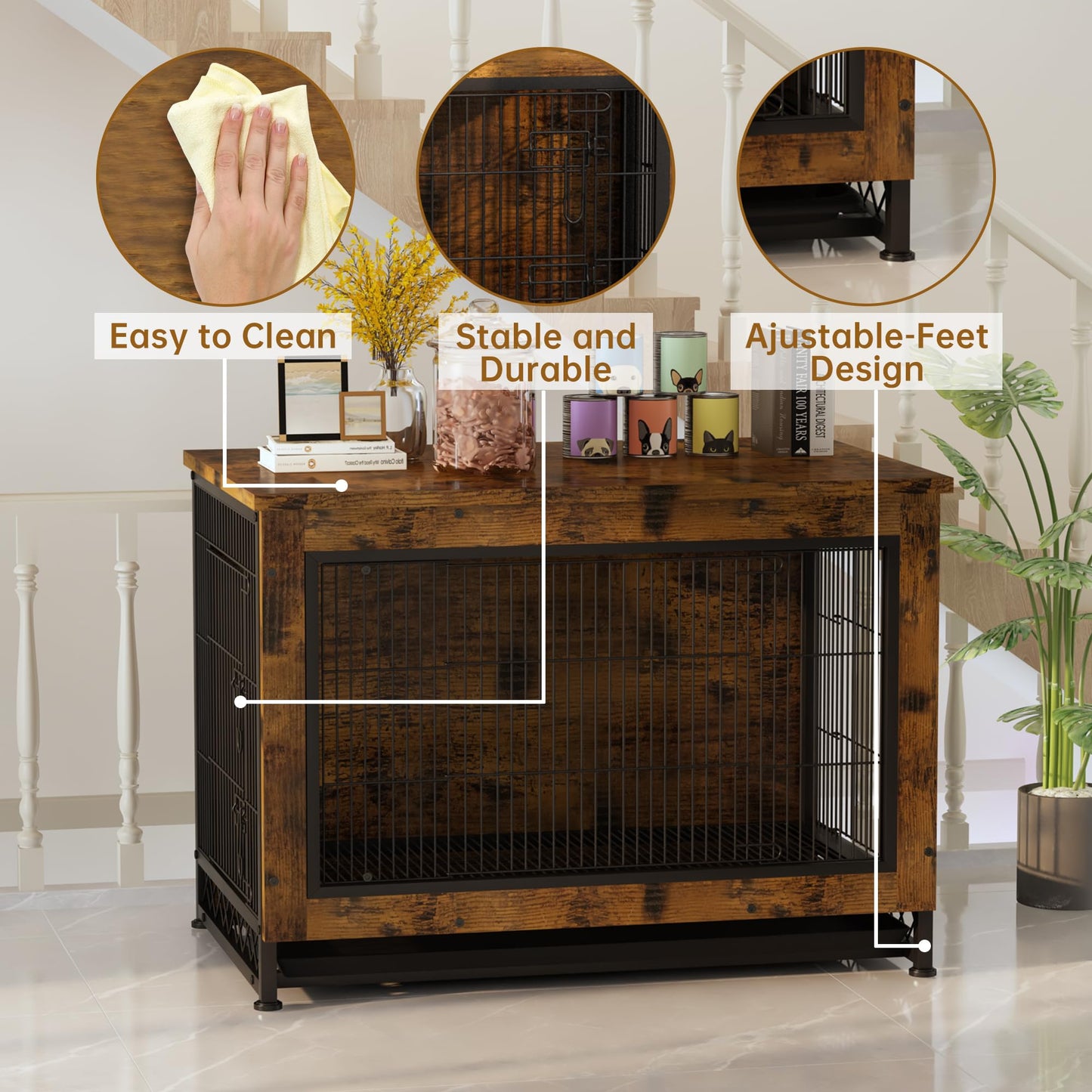 AWQM wooden dog crate furniture with pull out tray, three door dog kennel