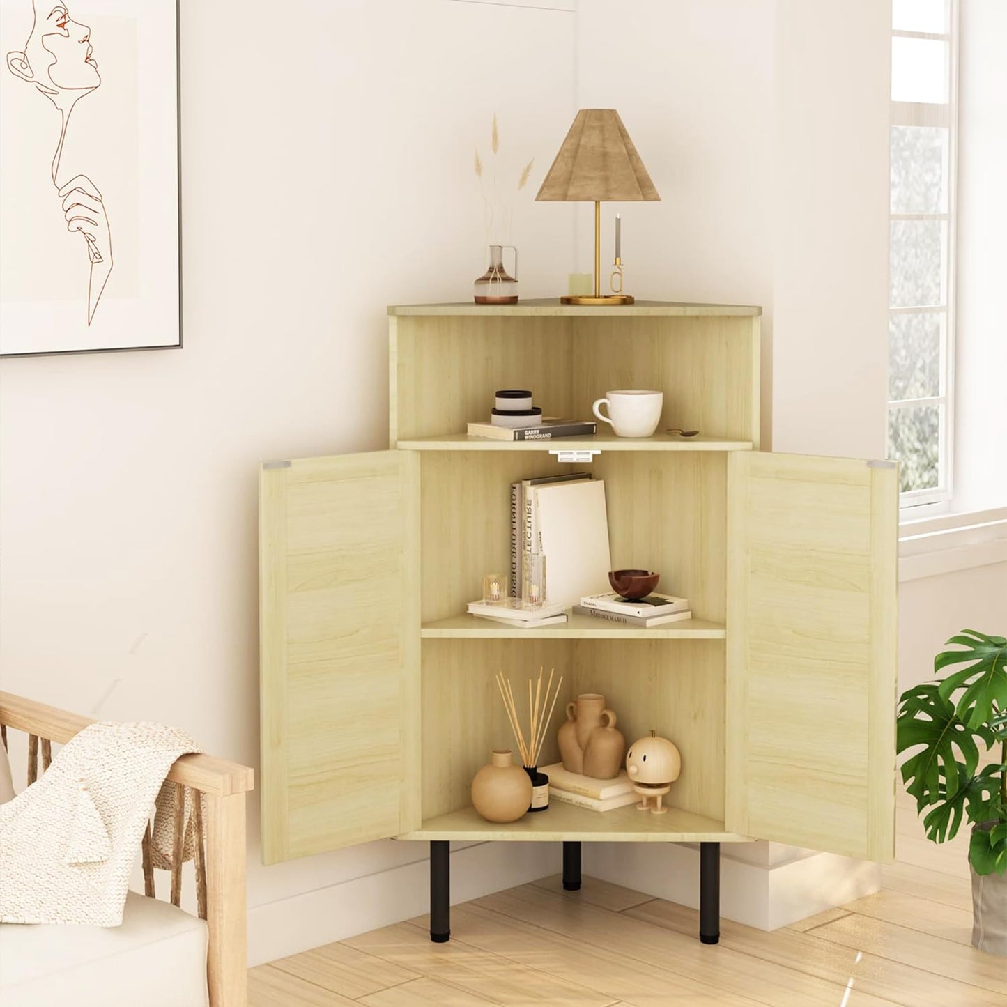 AWQM 4-Tier Corner Cabinet with Doors and Shelves, Rattan Freestanding Bar Storage