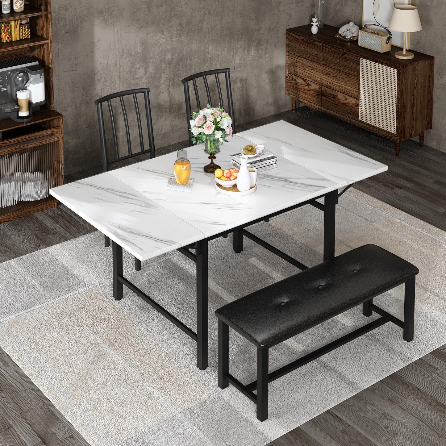 AWQM Industrial Wood 4-Piece Faux Wood Folding Leaf Dining Table Set with Storage Rack