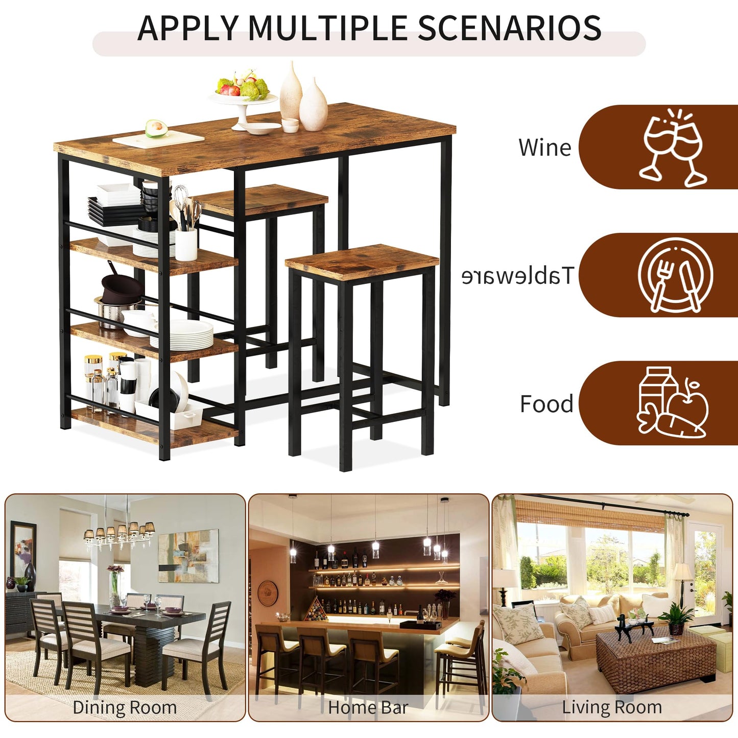 AWQM Industrial Wood 2-Person Dining Table Set with High Bar