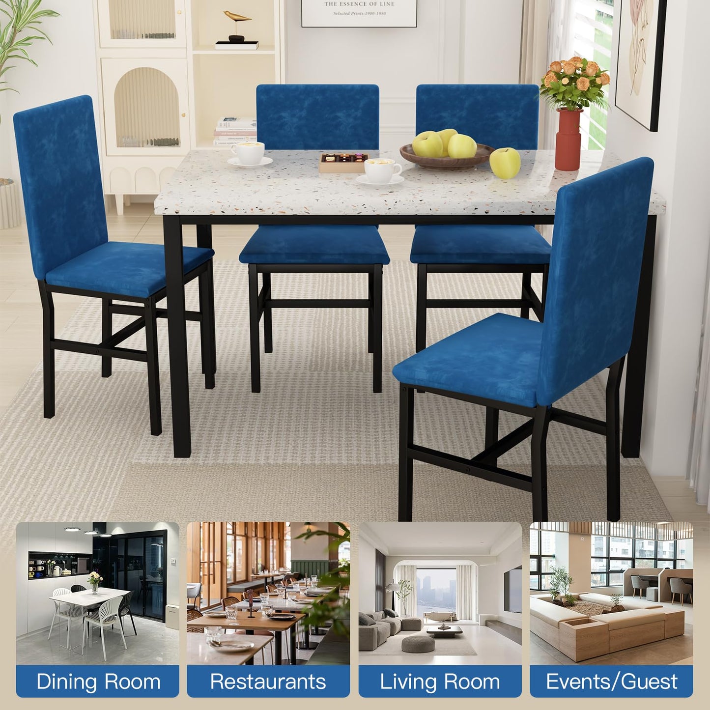 AWQM Modern Style Faux Marble Velvet Chairs Dining Table for 4