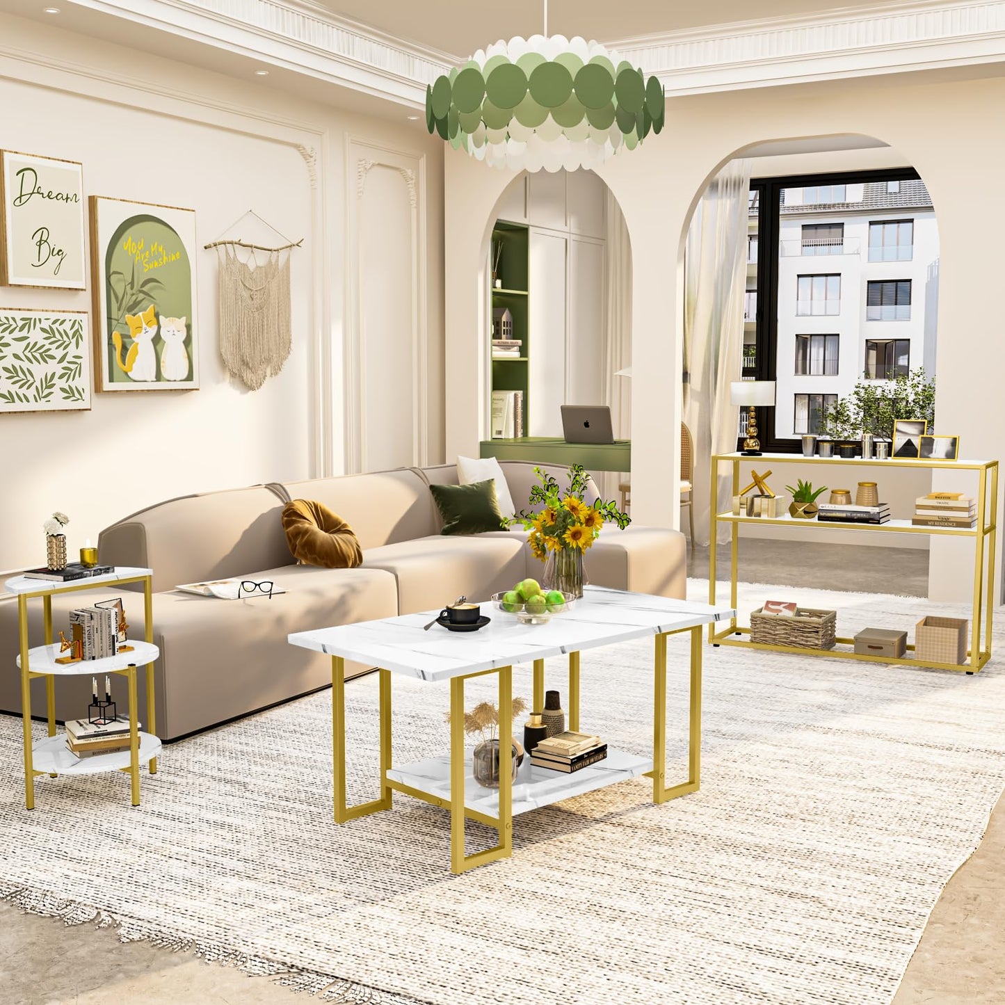 AWQM 3 Pieces Modern Coffee Set, with Console Table, White & Gold