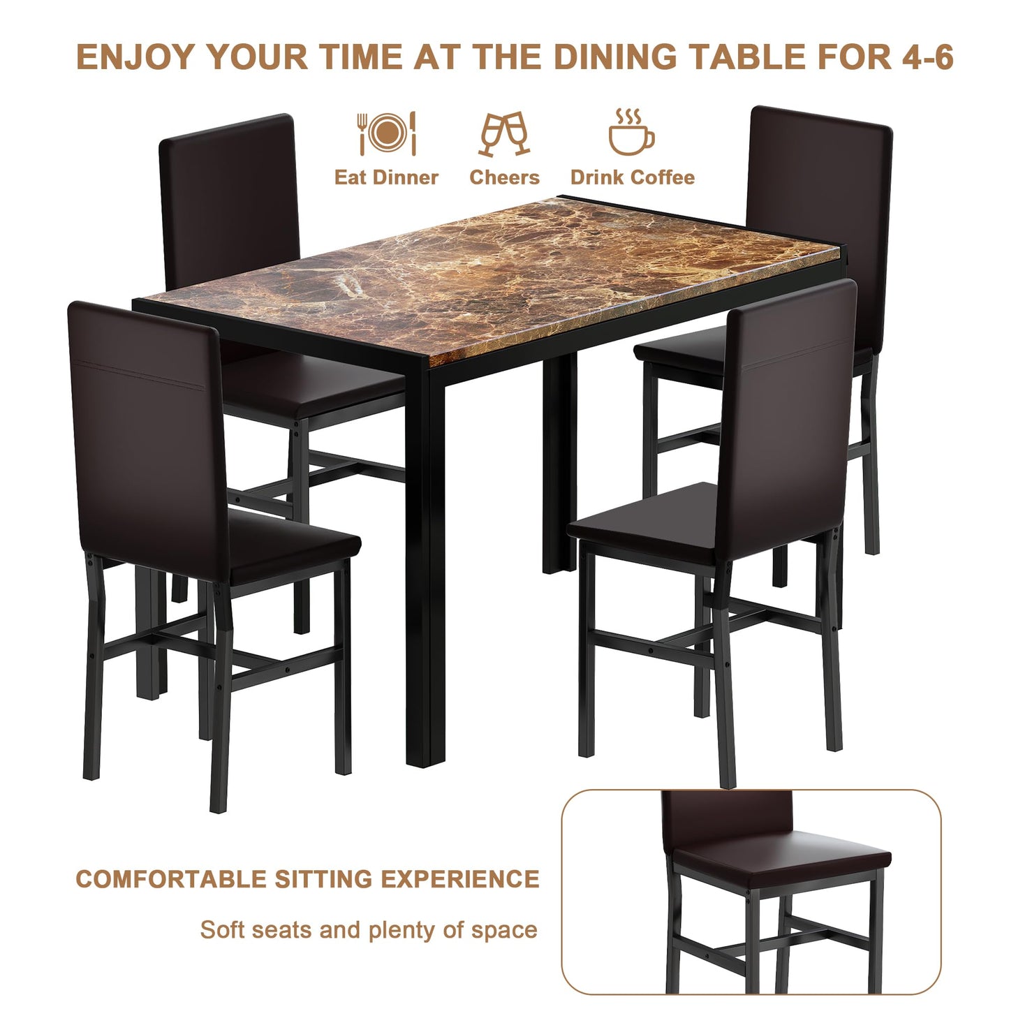 AWQM Modern Kitchen Marble Dining Table and Chairs Set, 4 Person Dining Table Set