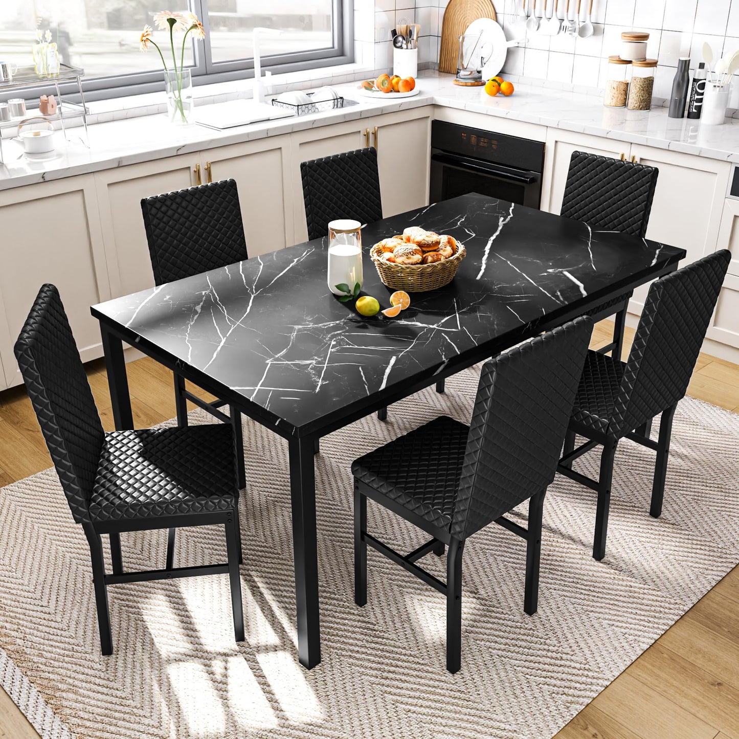 AWQM Modern Marble Kitchen Dining Table and Chairs 6 Person Dining Velvet Stools