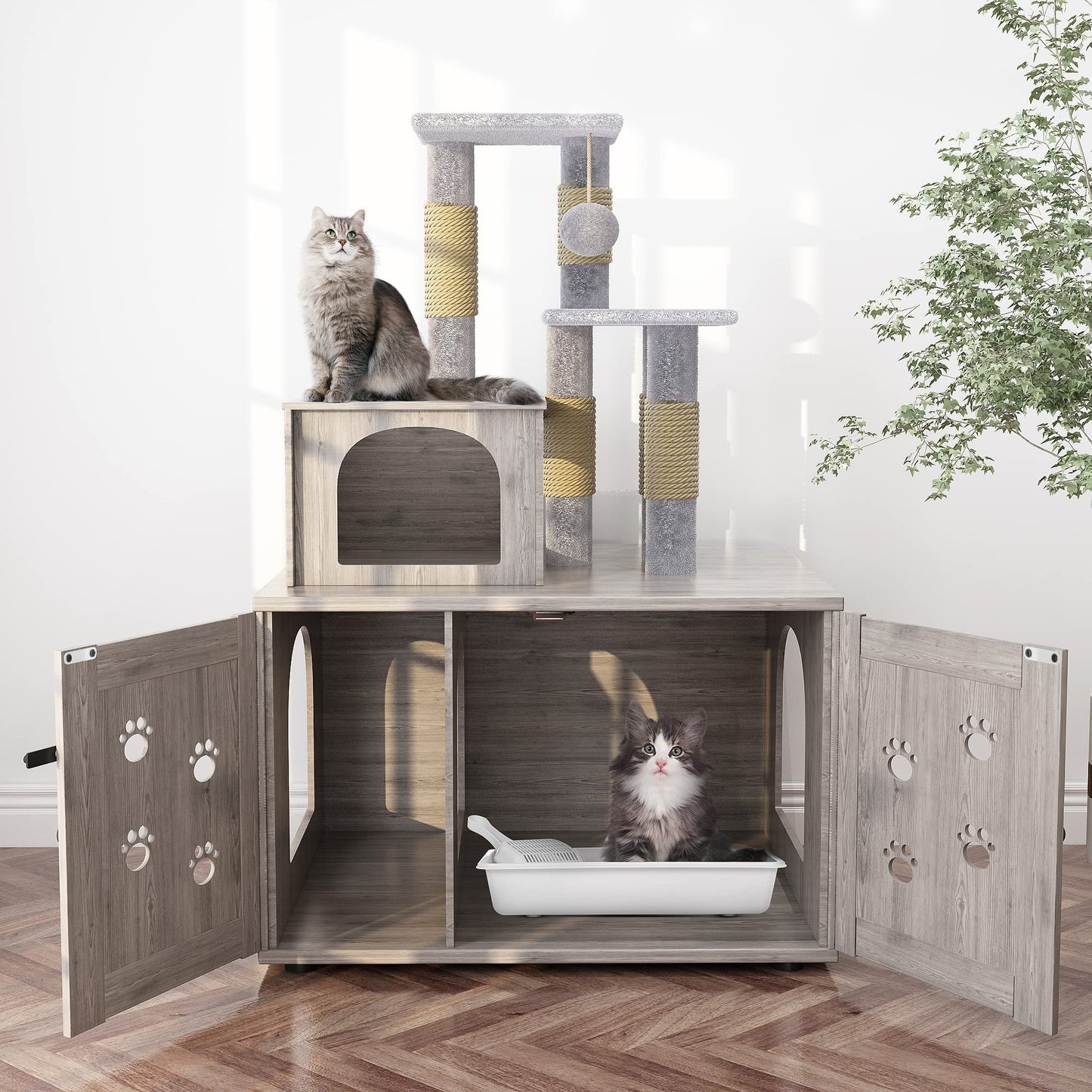 AWQM Cat Tree with Litter Box Enclosure, Bulkhead Concealed Litter Box