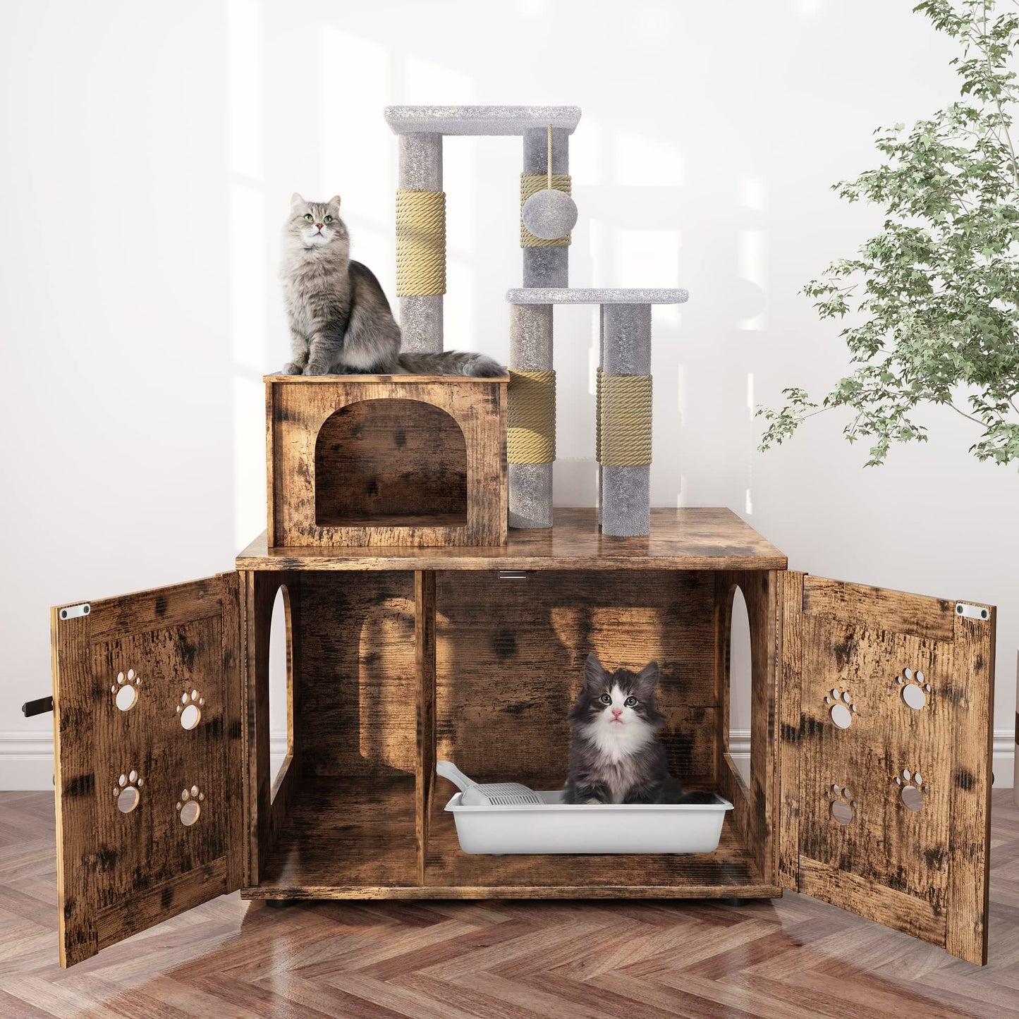 AWQM Cat Tree with Litter Box Enclosure, Bulkhead Concealed Litter Box